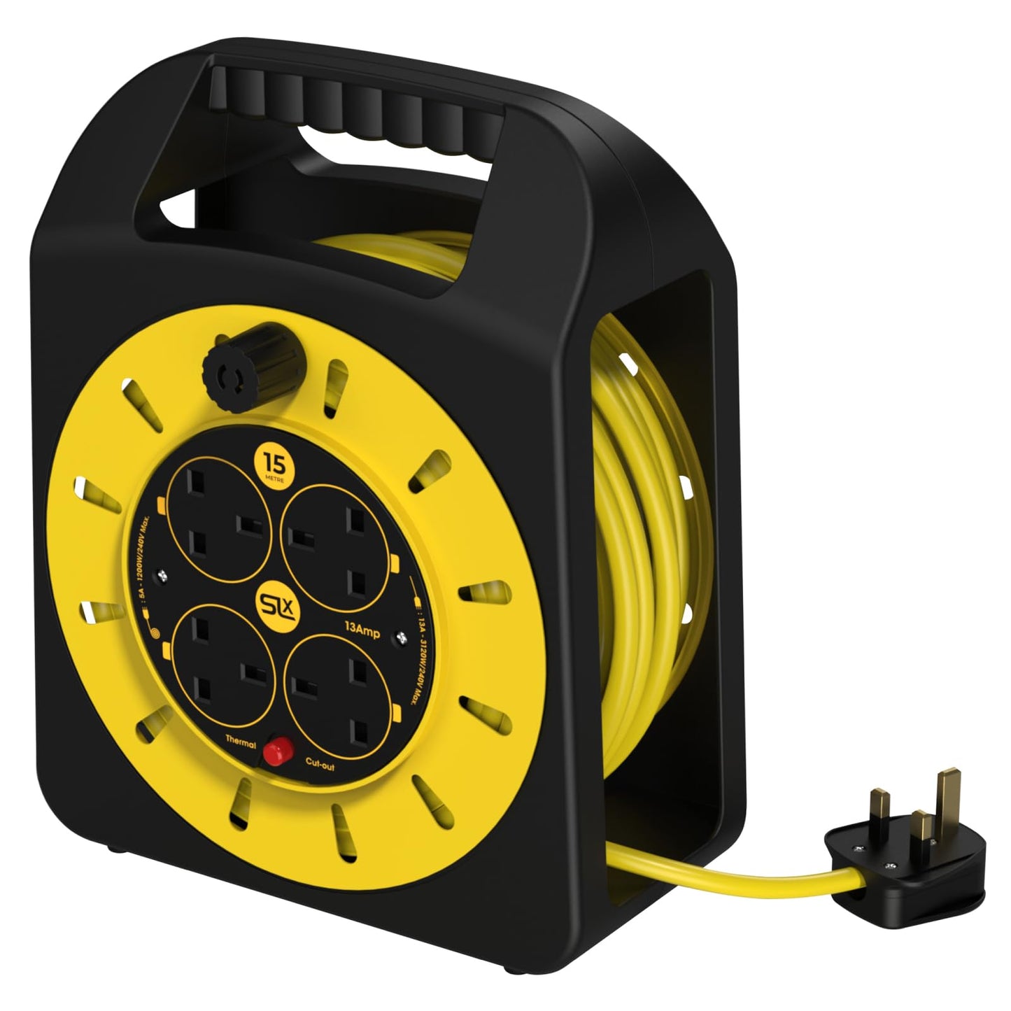 SLx Extension Lead 15m 4 Socket Extension Reel, Heavy Duty Extension Cable Thermal Cut Out Extension Lead for Garden Lawn Mower Office 13A Fused UK