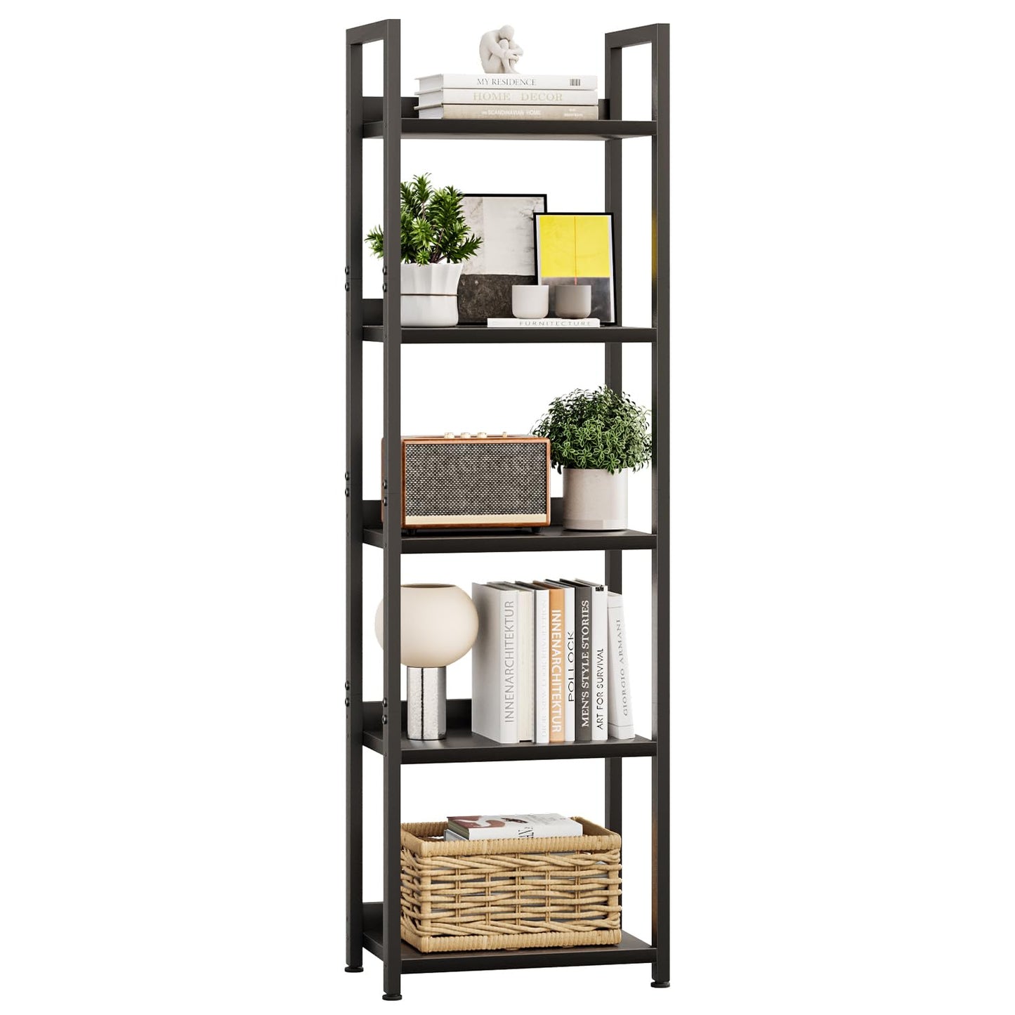 APPOLYN 5 Tier Slim Bookshelf, Bookcase with Backboard, Black
