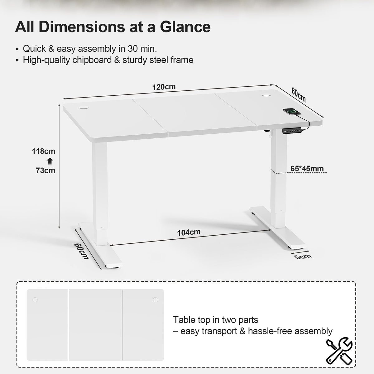 JUMMICO Electric Standing Desk 120x60cm – Height Adjustable with USB Charging, Sedentary Reminder, Memory Heights for Home Office Use, White