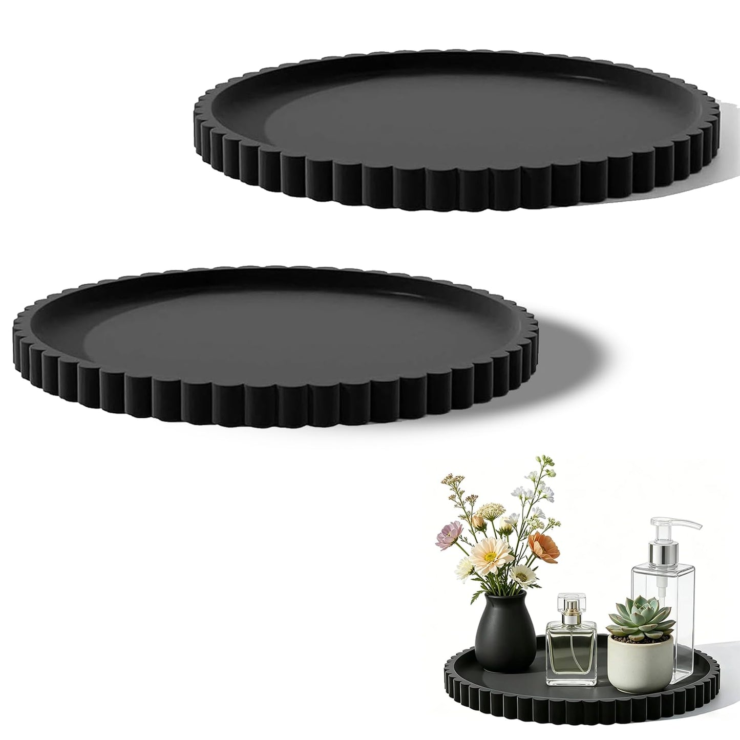 2 Pcs Silicone Bathroom Tray, Round Decorative Tray Wavy Perfume Tray for for Bathrooms, Kitchens, Living Rooms and Bedrooms（9 Inches） (Black)