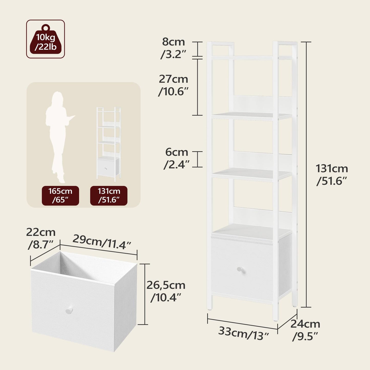 MAHANCRIS Bookshelf, 5-Tier Bookcase with Removable Drawer, Freestanding Book Shelf for Small Space, Storage Shelf Organizer, for Living Room