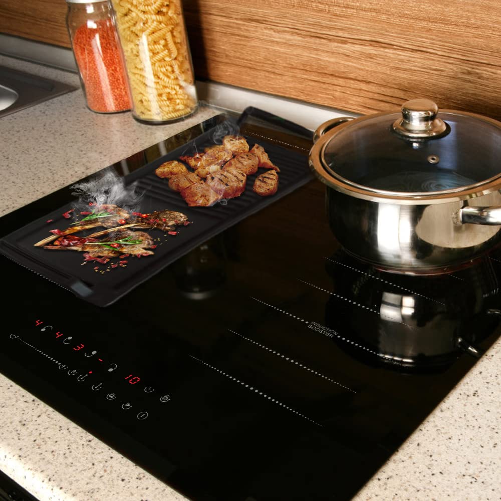 COVERCOOK Griddle Pan, Cast Iron Grill Pan, Rectangular Grill, 2 Handles,Griddle with Flat and Ridged Surface for Induction Hob Open Fire Oven