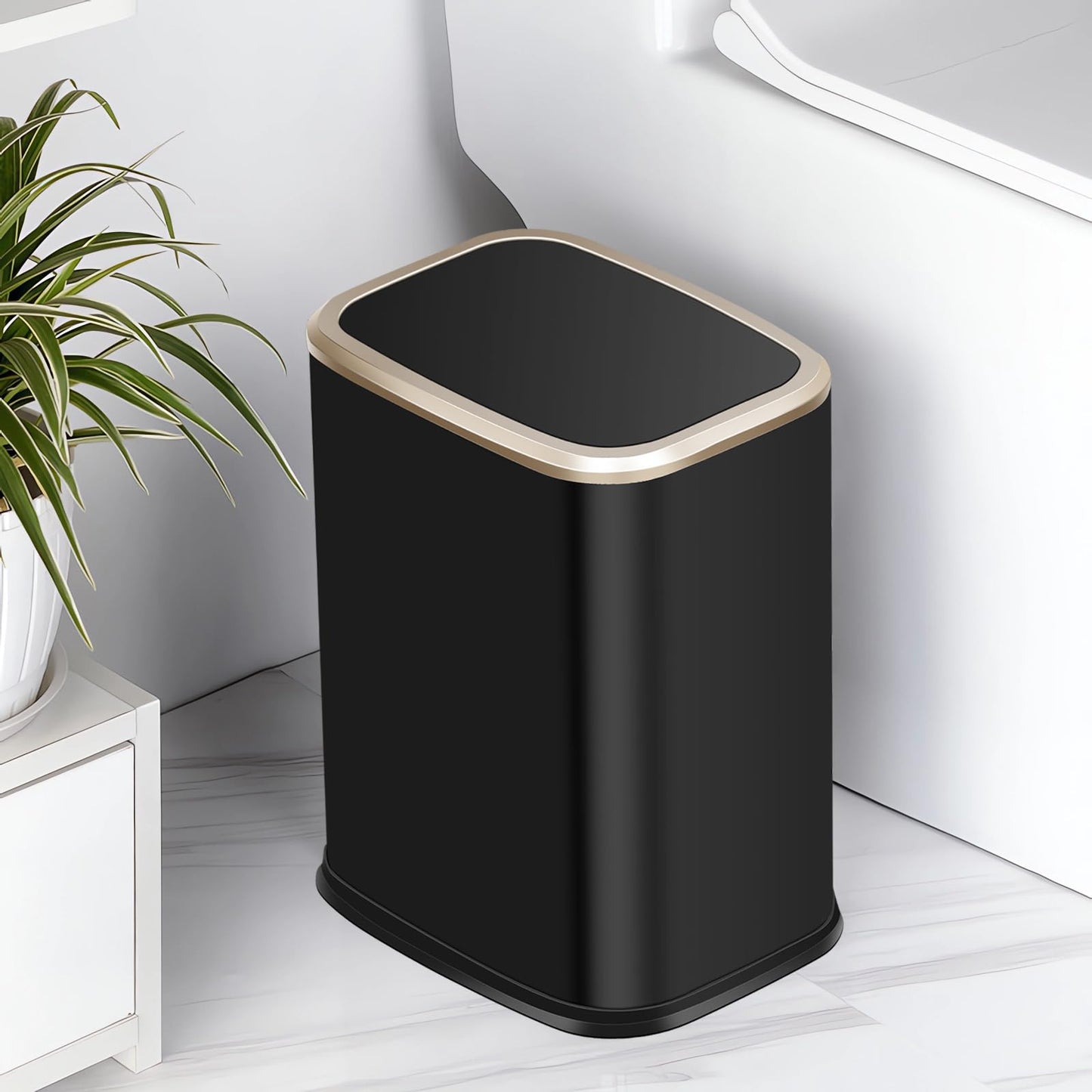 8L Small Bathroom Bin with Swing Lid,Slim Trash Bin for Bedroom,Black Gold