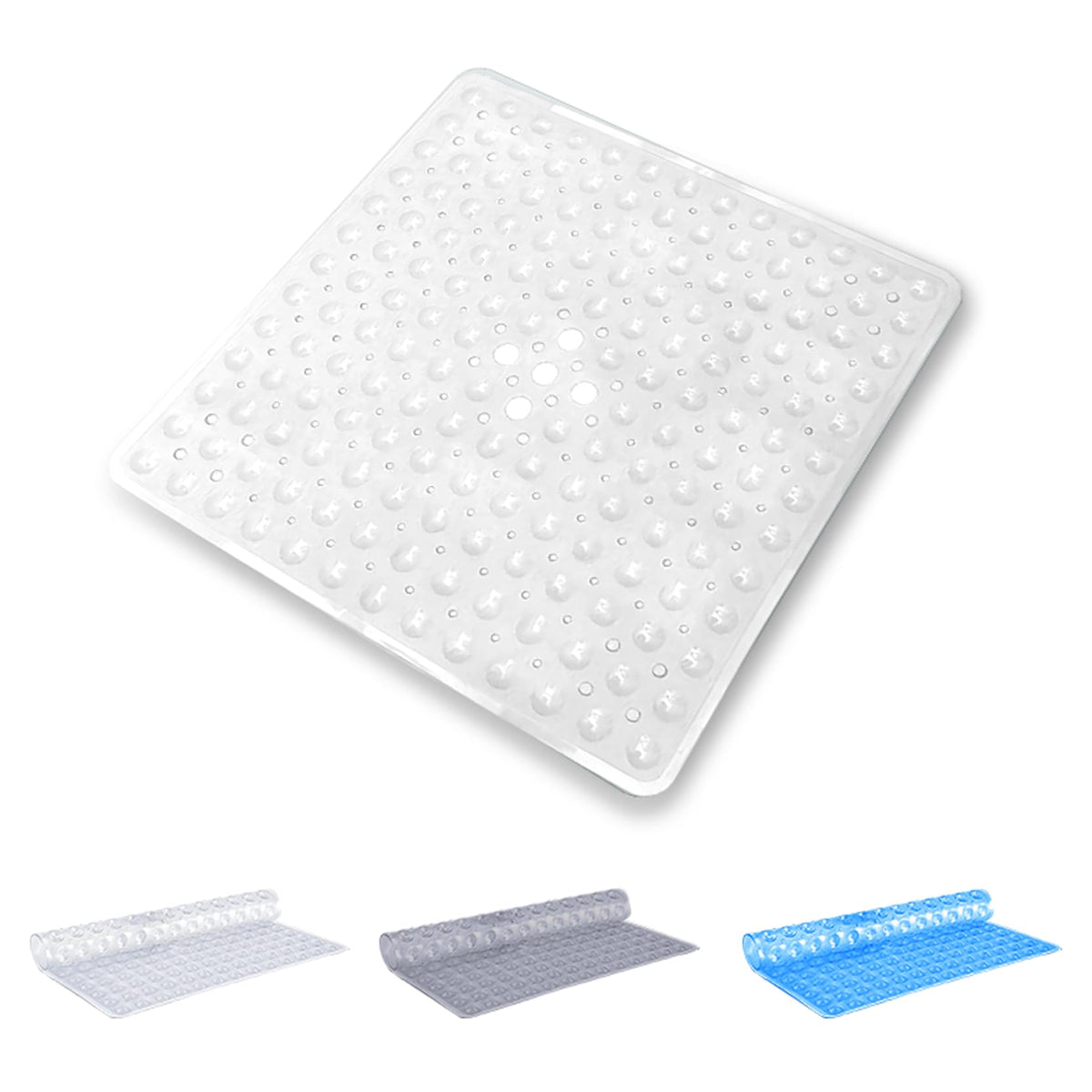 Oxford Homeware Shower Bath Mat Non Slip Anti Mould ? White 53x53cm Square Shower Mat for Bathtub and Bathroom with Drain Holes and Strong Suction