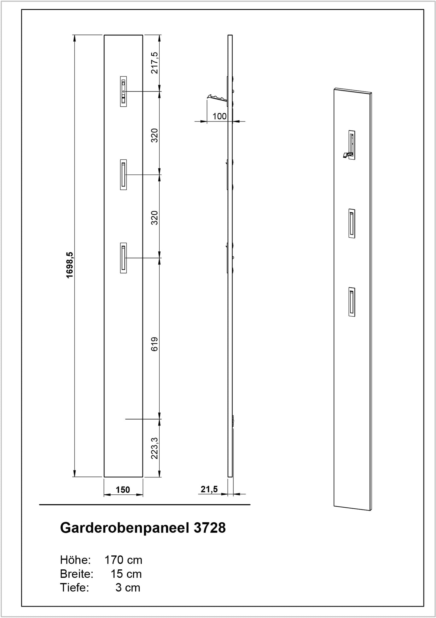 Germania Coat Rack Panel 3728-572, in Cashmere, with Three Fold-Out Metal Coat Hooks, 15 x 170 x 3 cm (W x H x D)