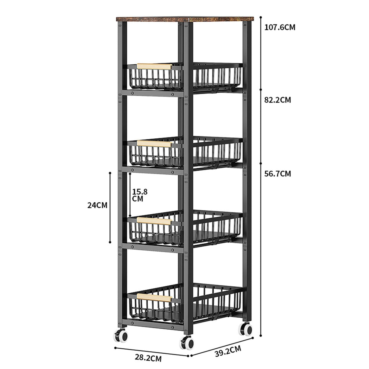 5-Tier Utility Kitchen Storage Cart with Pull-Out Baskets and Wooden Tabletop, Rolling Cart with Wheels for Kitchen, Living Room, Dining Room