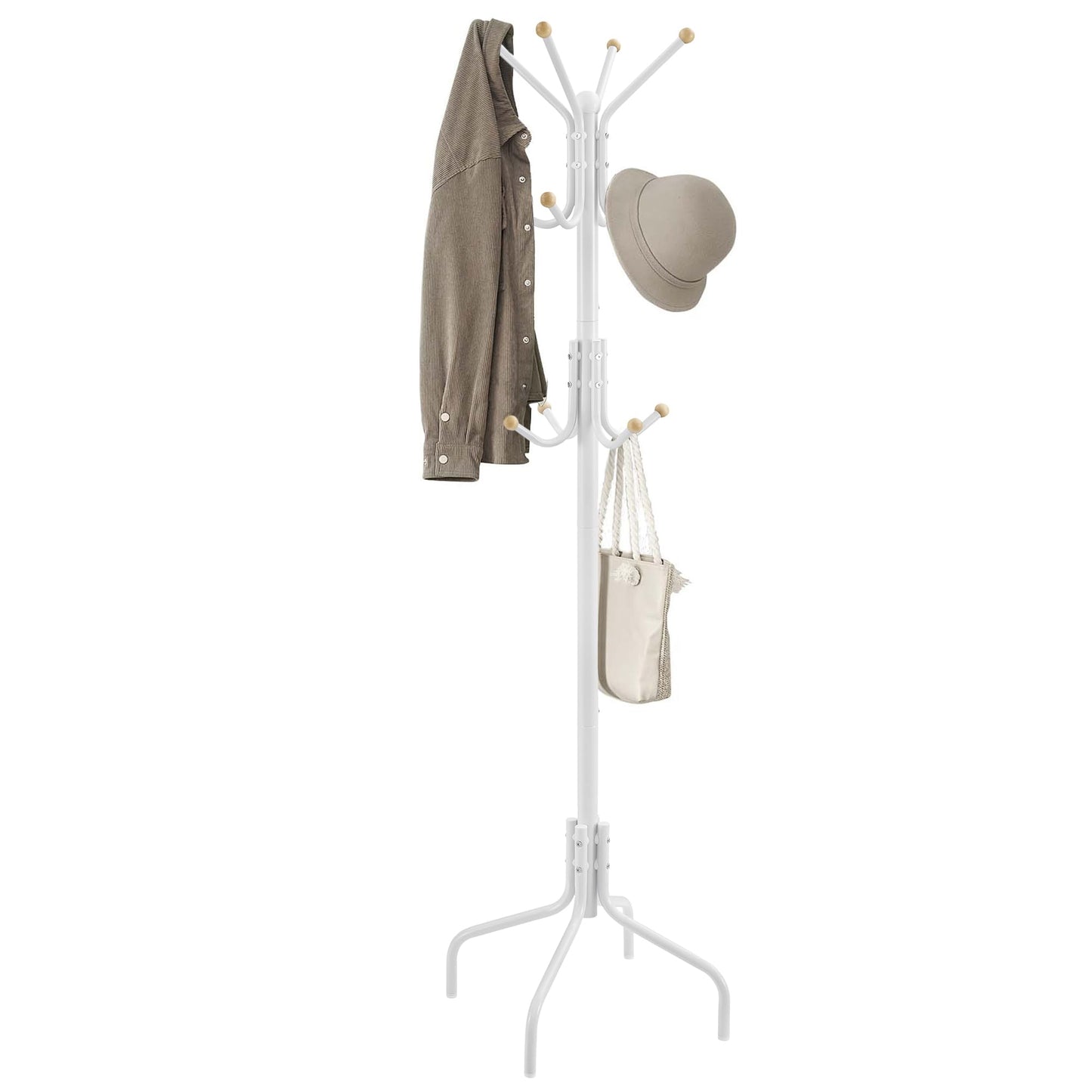 SONGMICS Coat Stand, Metal Coat Rack with 12 Hooks, 4 Legs, Hang Coats, Jackets, Hats, Bags, for Hallway Bedroom Office, White RCR031W01