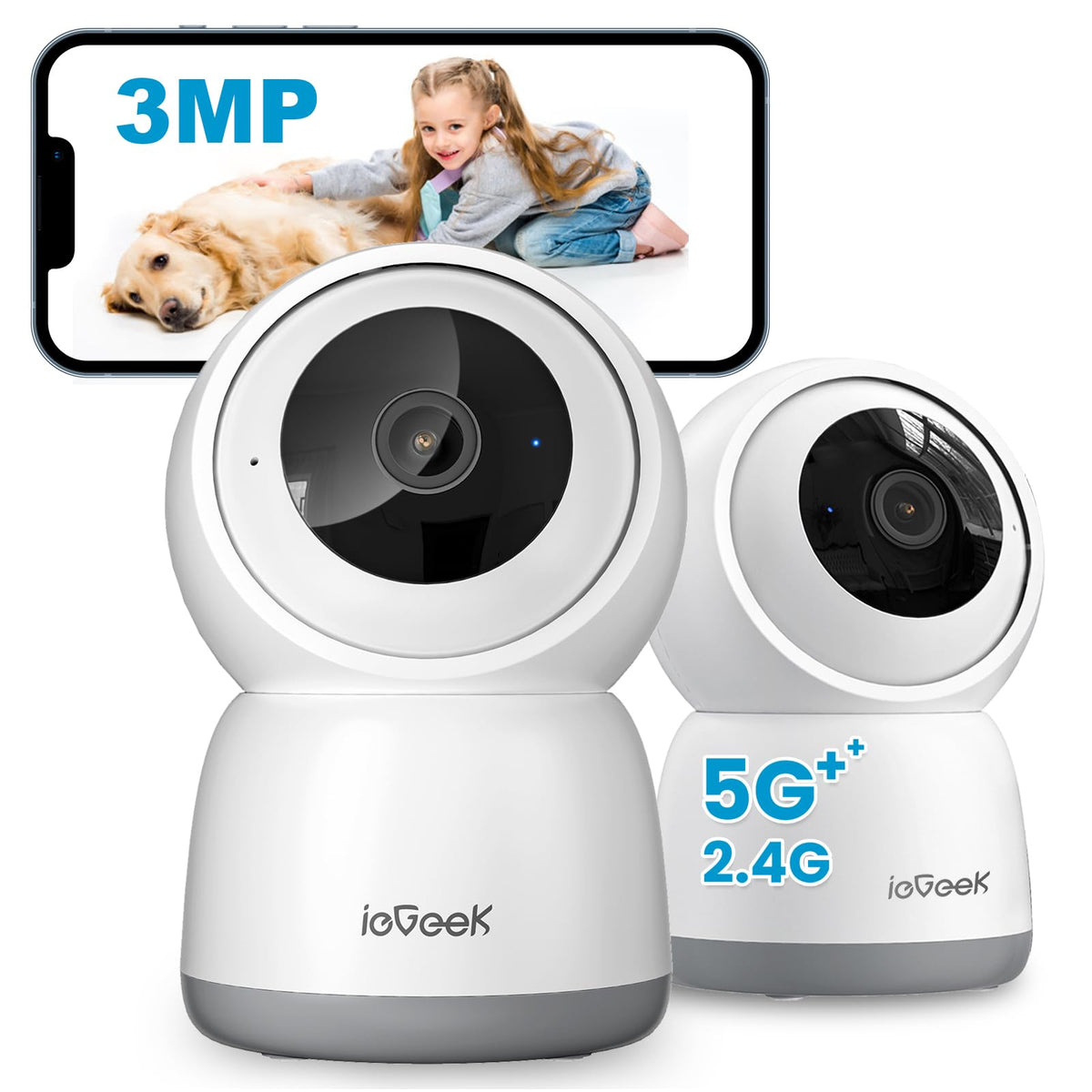ieGeek 2K 3MP Indoor Camera No Monthly Fee, 2.4G/5Ghz WiFi Pet Camera, Plug-in 24-hour Security Camera, Night Vision, 360? PTZ, Motion Detection,