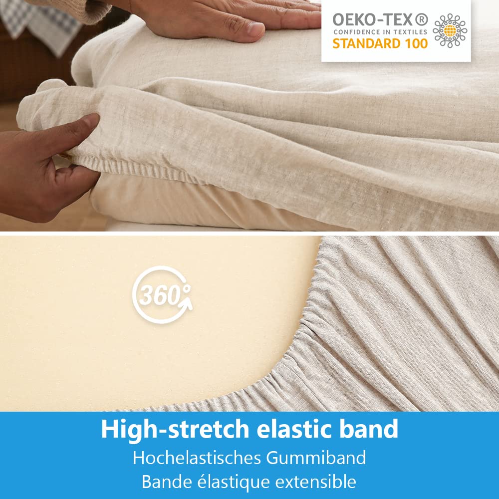 Simple&Opulence Fitted Sheet 35cm Deep Pocket-100% Pure Natural Linen Plain Mattress Protector Bed Sheet-(Linen,King 150x200cm)