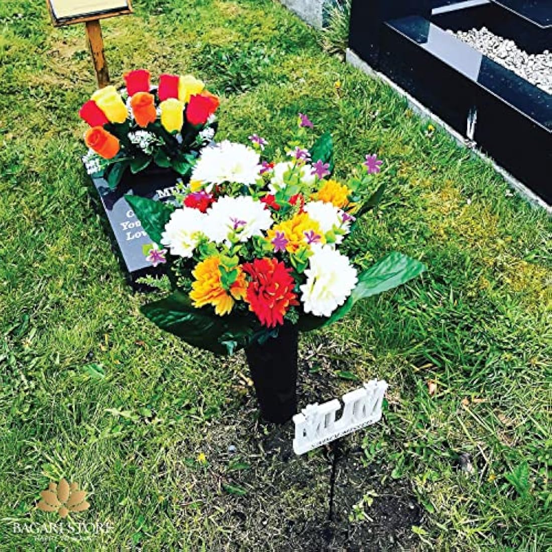 Bagari 41cm Artificial Flowers for Graves- Fake Bunch with 16 Heads Large Mixed Ivory- Red-Orange Bush Flowers Delivery Next Day Prime- Plastic Fresh Bouquet for Outdoor & Indoor Events Wedding Party