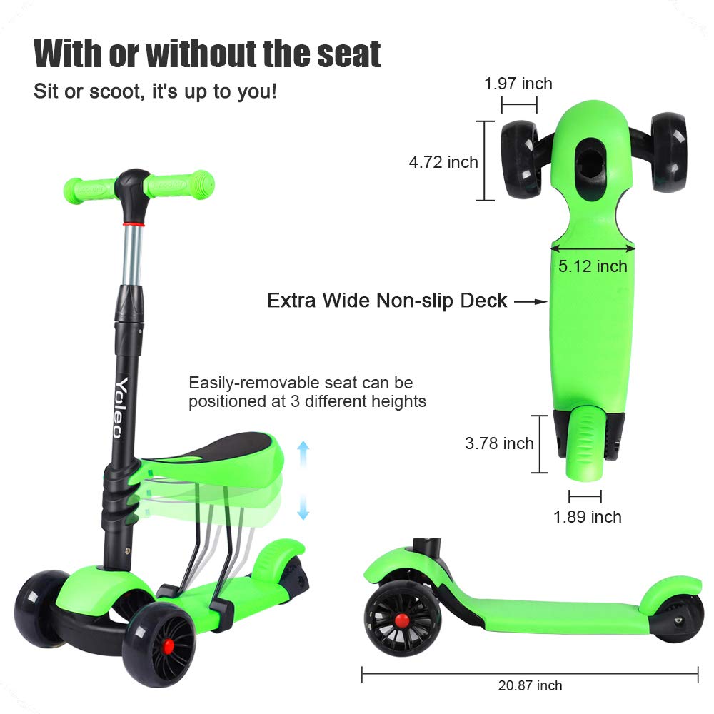 YOLEO Kids Three Wheel Kick Scooter with Removable Seat, LED Flashing Wheels, Height Adjustable, 3-in-1 Lightweight Children's Scooter Boys and Girls