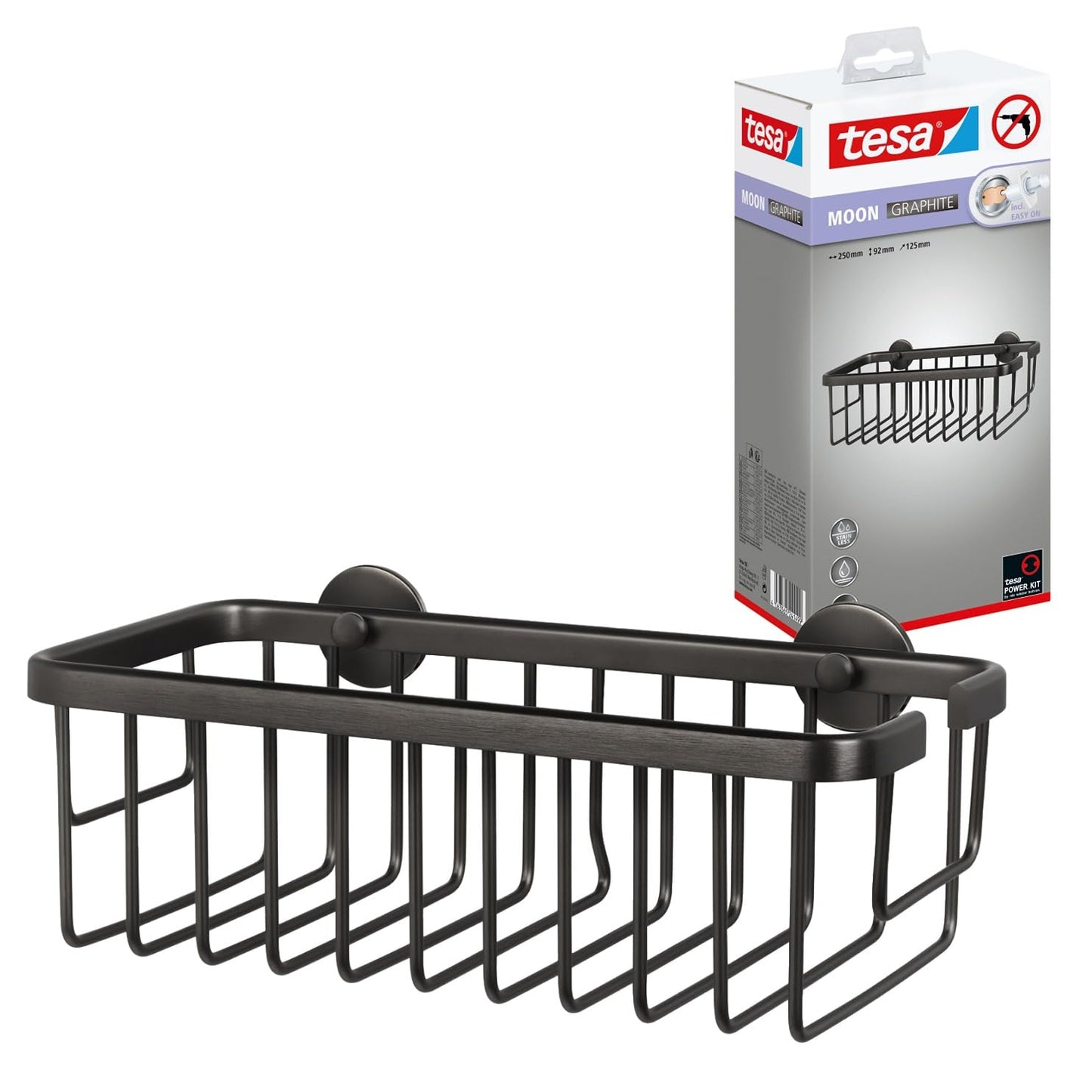 tesa MOON self-adhesive shower caddy in brushed graphite - single tier and extra deep - shower shelf made of PVD-coated metal - drill-free, with