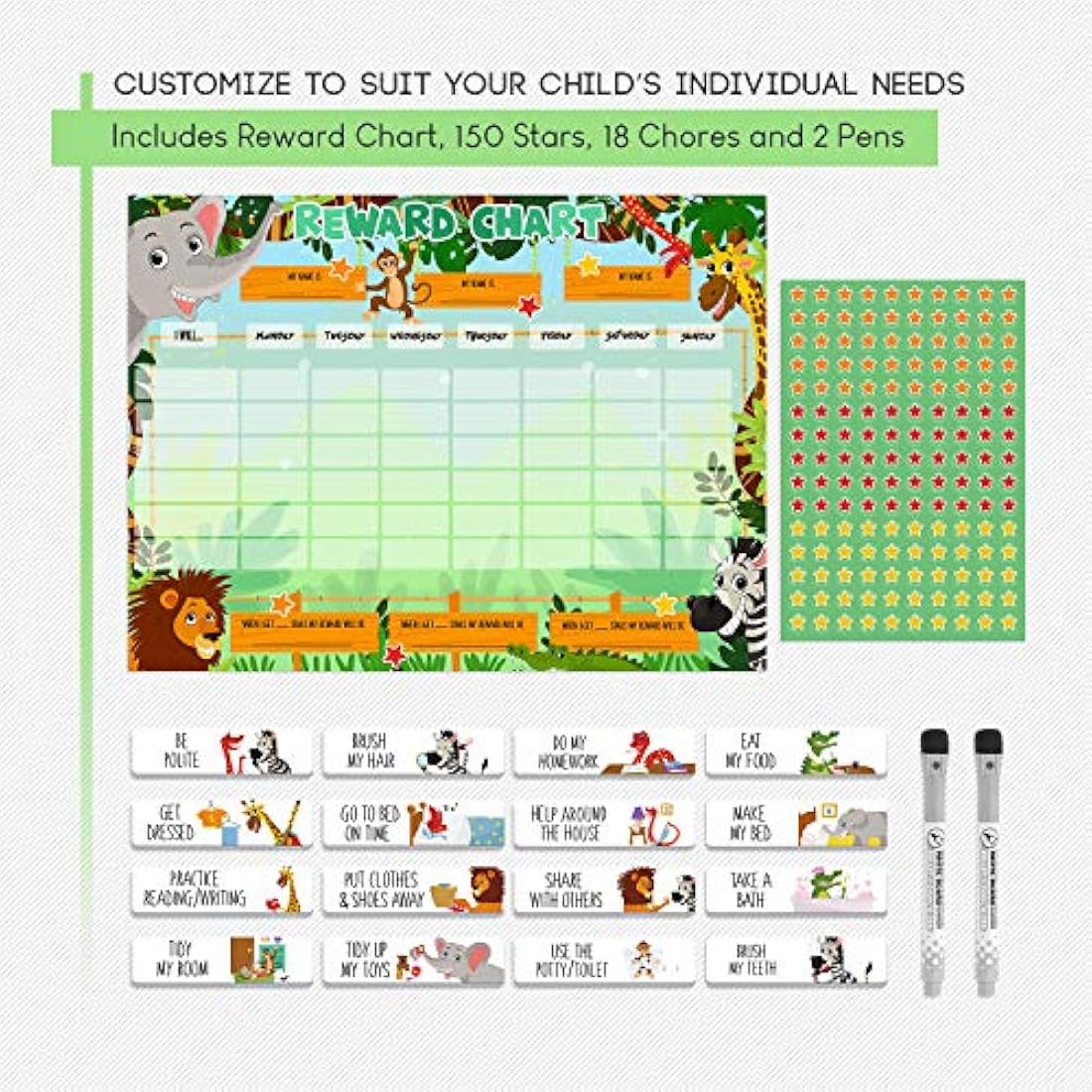 Luigi's Large Safari Animal Potty Training Reward Chart | Chores Chart for Kids: Encourages Good Behaviour and Customisable Magnets and Dry Erase Feature | Sticker Chart for Children Behaviour