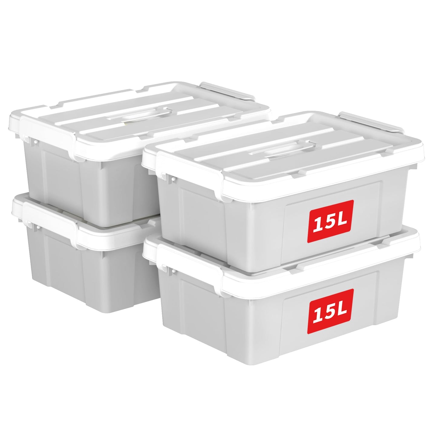 Cetomo 15L*4 Storage Boxes, Carry Plastic Storage Box with Lids, Organizing Container with Handle and Secure Latching Buckles, Stackable, Nestable