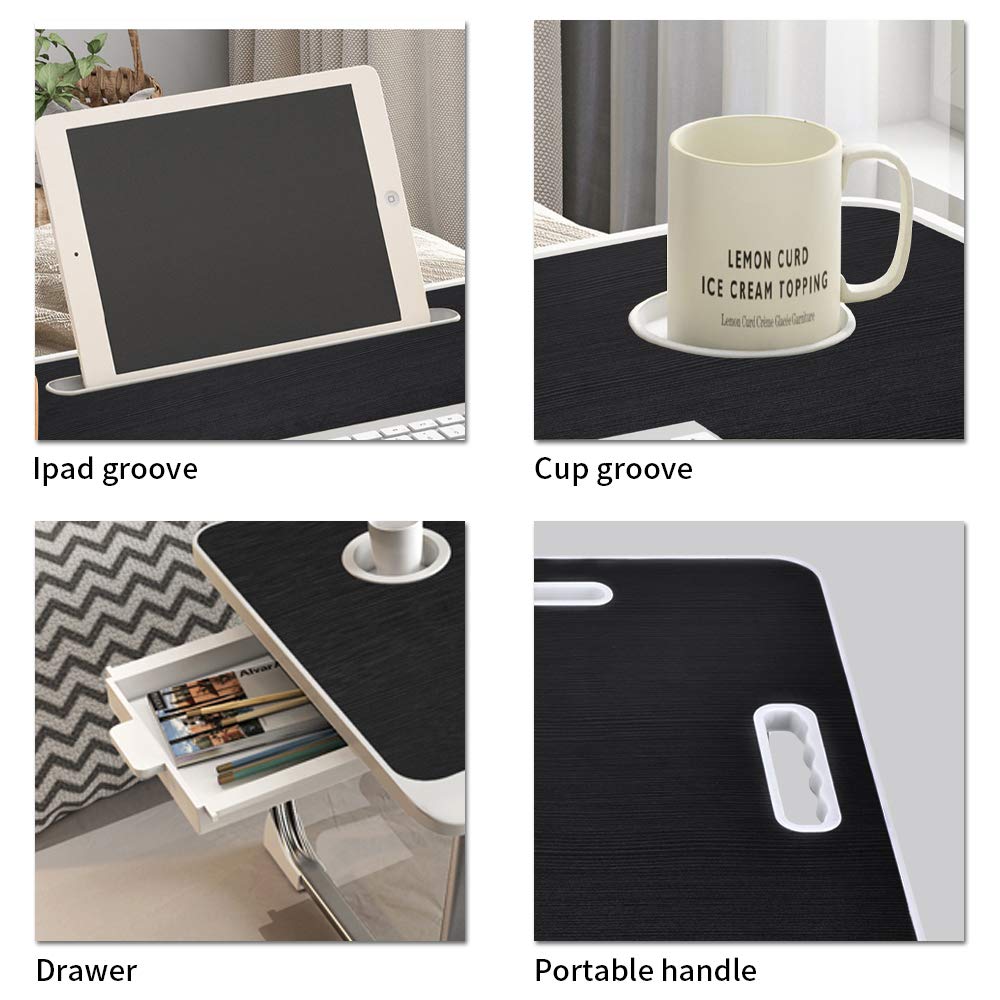 Upgraded Bed Table Laptop Desk, Foldable Tray with USB Charge Port, Handle, Desktop Card/Cup Slot, Side Drawer
