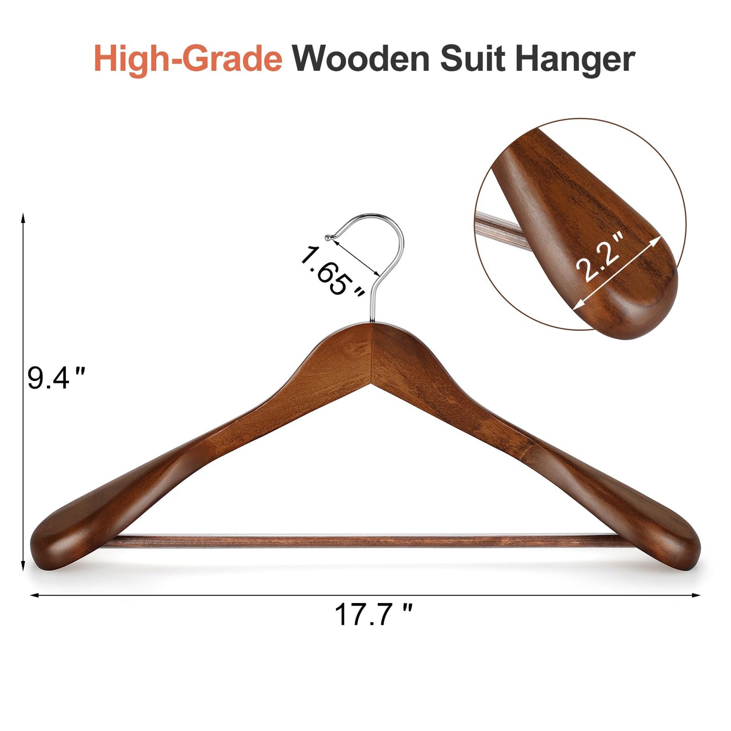 TOPIA HANGER Wide Shoulder Wooden Hangers, Suit Hangers with Non Slip Pants Bar & 360° Swivel Hook, Solid Wood Heavy Duty Coat Hanger, 6 Pack