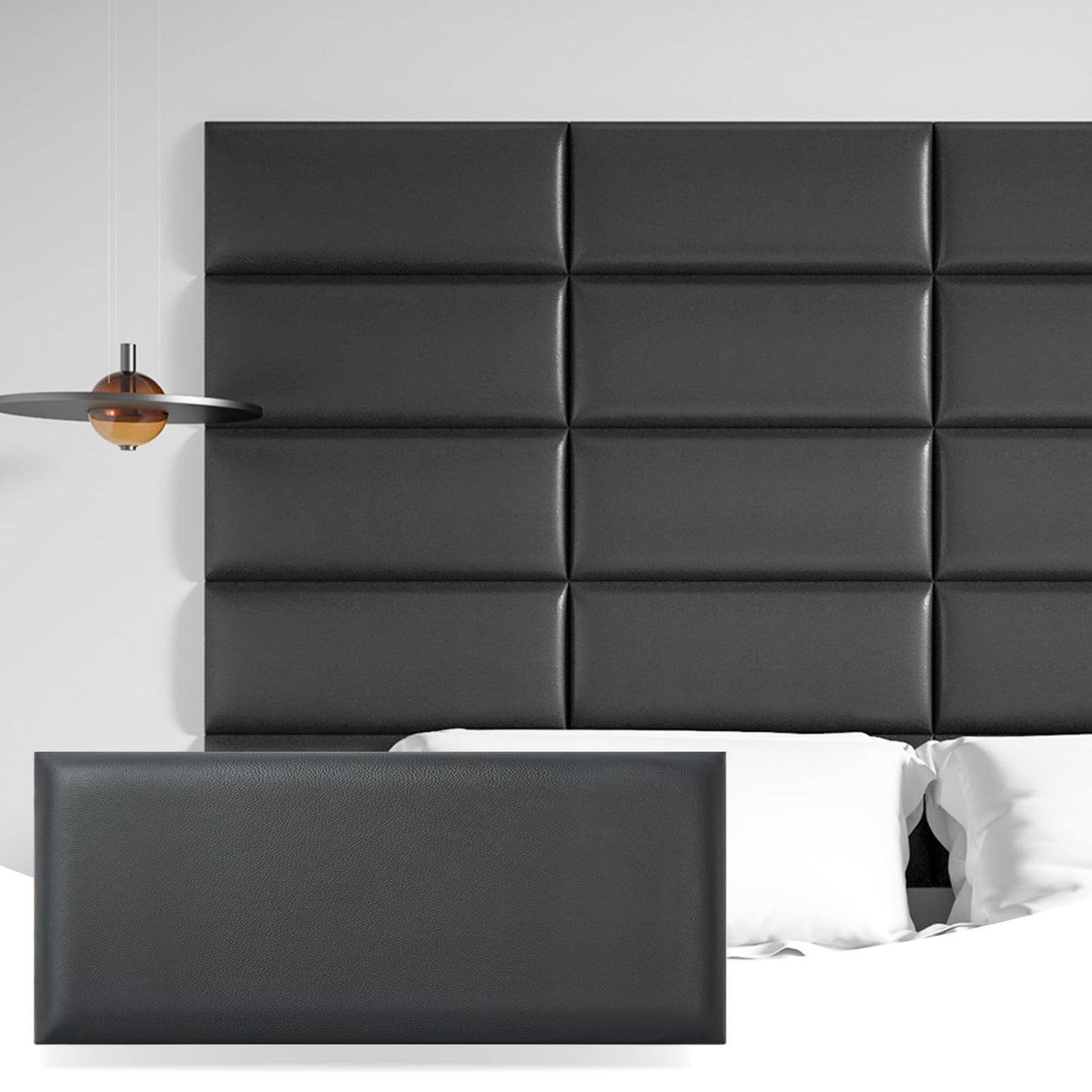 Art3d 12-Pack Peel and Stick Upholstered Headboard, 9.84 x 23.62 in, Black