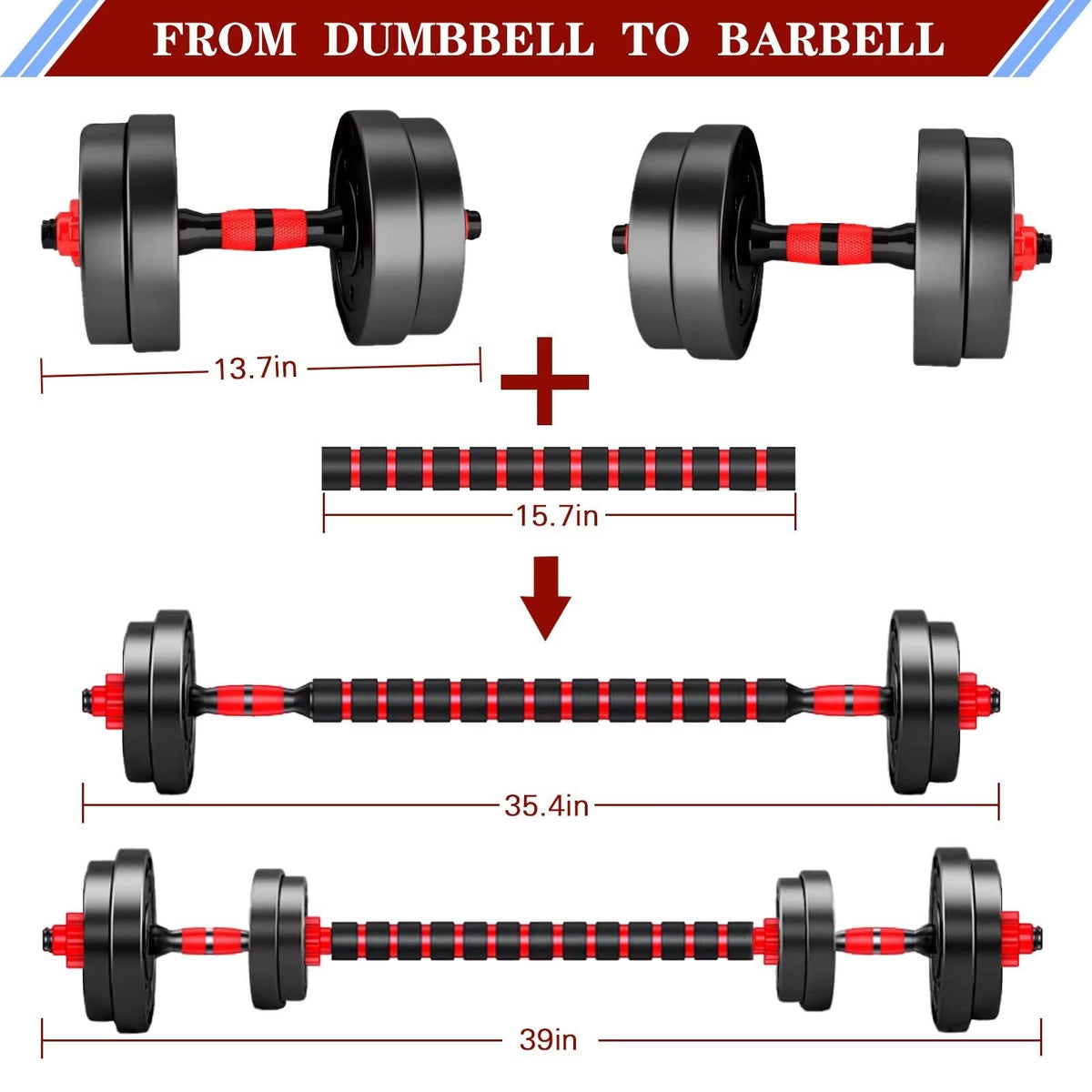 BCBIG Adjustable Dumbbell Set, 10kg, Red, PVC + Iron Sand, Home Fitness, Gym, Back Strength Training