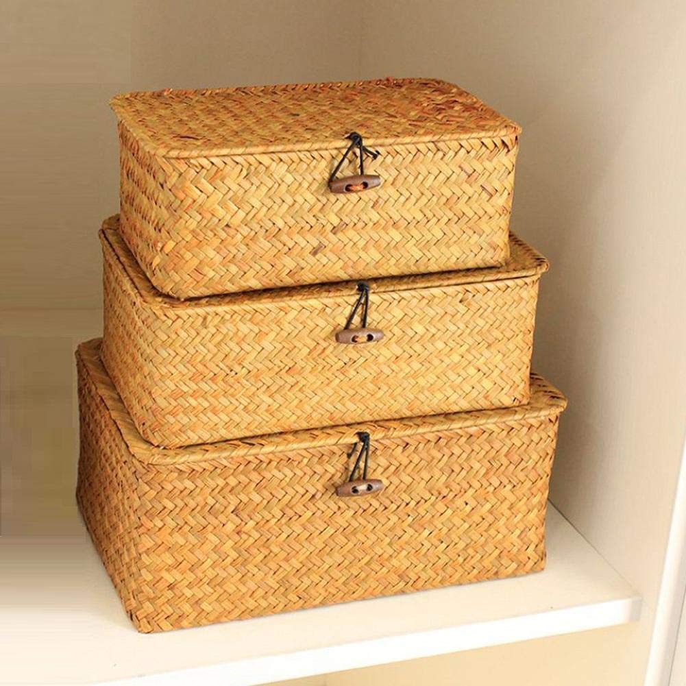 Rectangular Storage Basket with Lid for Shelf Handmade Seagrass Rattan Woven Makeup Organizer Multipurpose Container Box 3Pcs