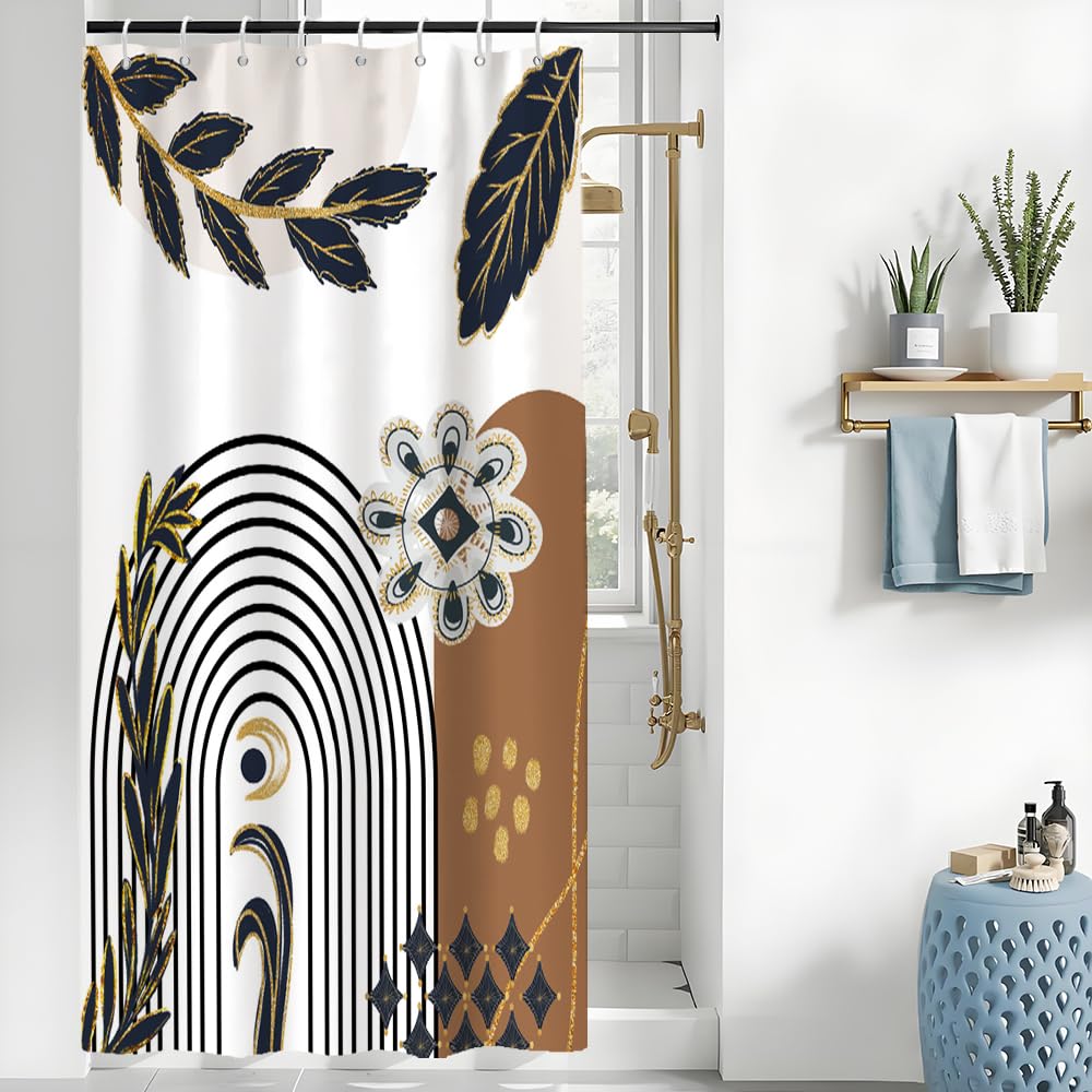 Uiiooazy Abstract Shower Curtain, Boho Blue Gold Leaves Mid Century Arch Geometric Bath Curtain Anti Mildew Waterproof Polyester Fabric Washable