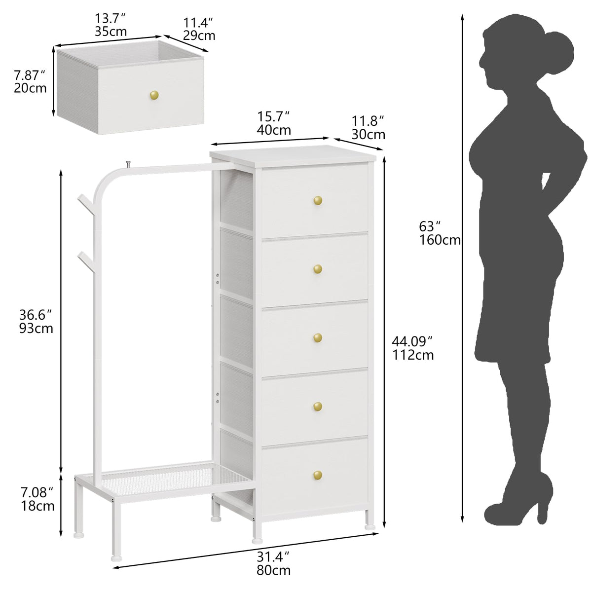 Trironsun Small 5 Fabric Drawer Dresser with Clothes Rack Chest of Drawers with Hanging Rail Reversible Wardrobe with Clothes Rack