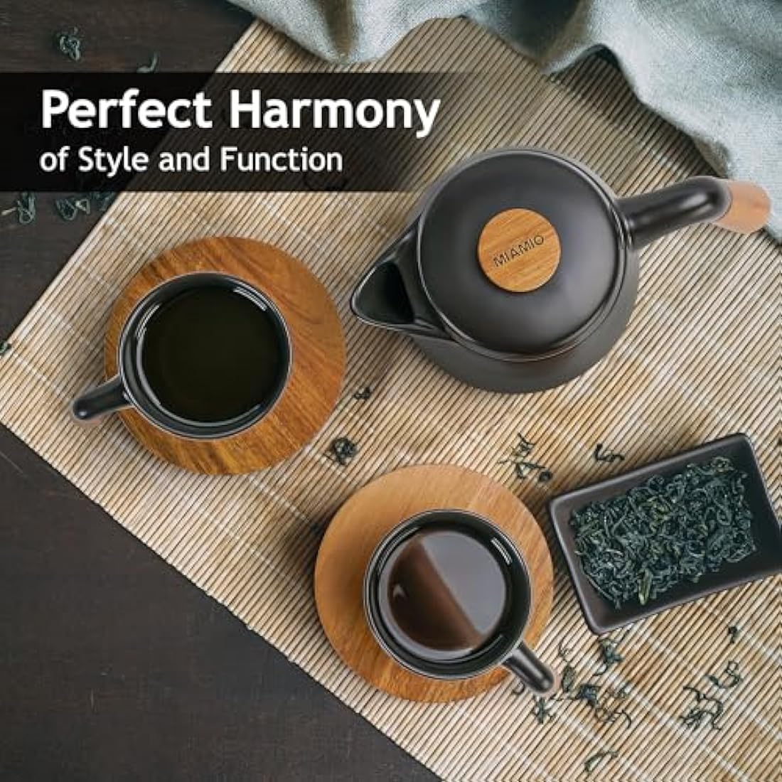 MIAMIO – 1000 ml Ceramic Tea Pot Set with Infuser and Cups/Tea Strainer, 4 Ceramic Tea Mugs (300 ml), Bamboo Saucers/Handle for Home and Office (Black)