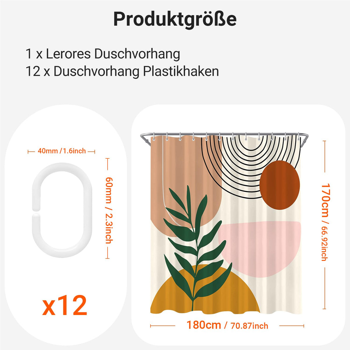 Lerores Shower Curtain, 170 x 180 cm, Leaf Print, Weighted Hem, Anti-Mould Textile, Water-Repellent