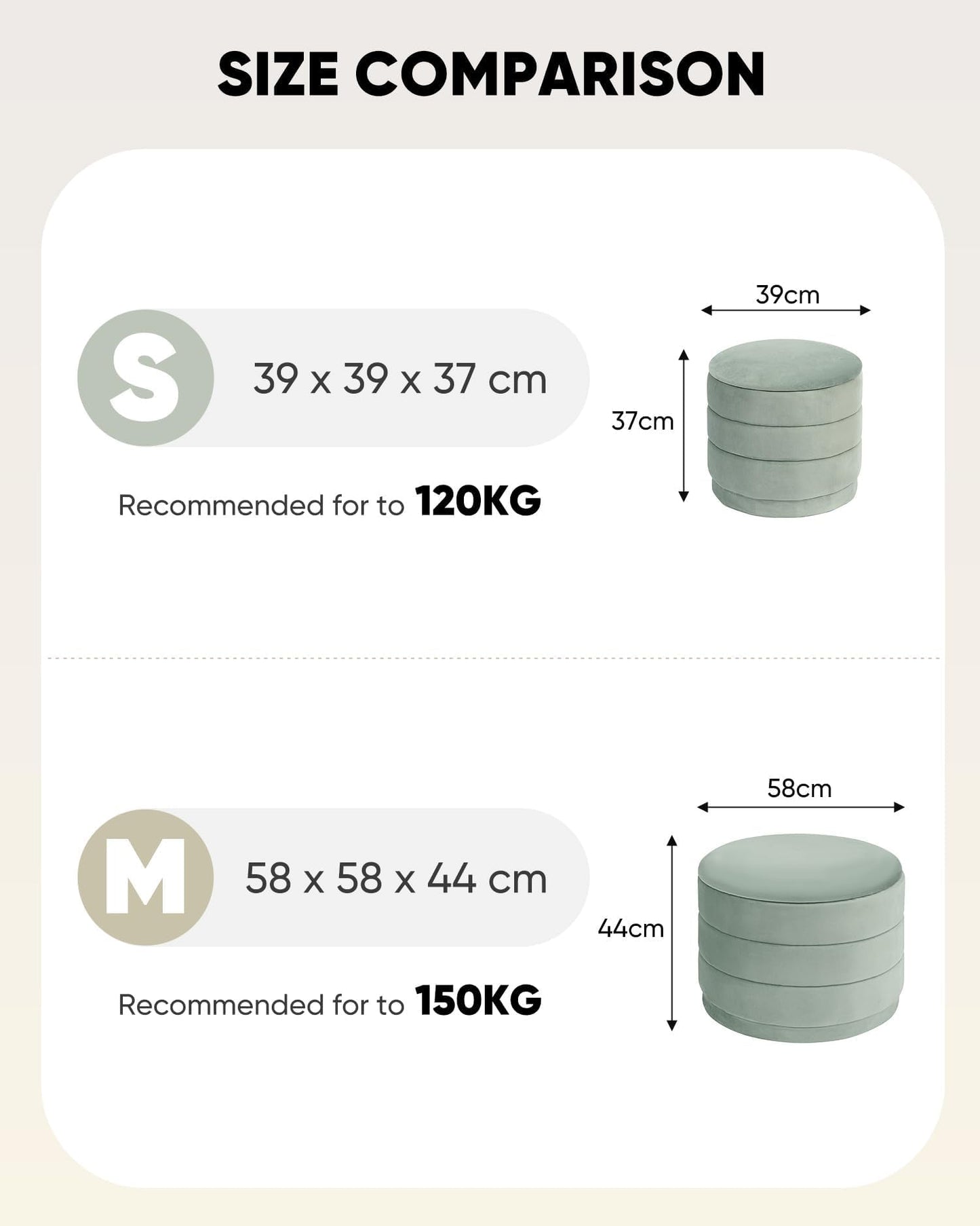 Bonlife Storage Ottoman Round - Folding Foot Rest with Hidden Storage, Sage Velvet 39x39x37cm for Living Room, Bedroom & Hallway