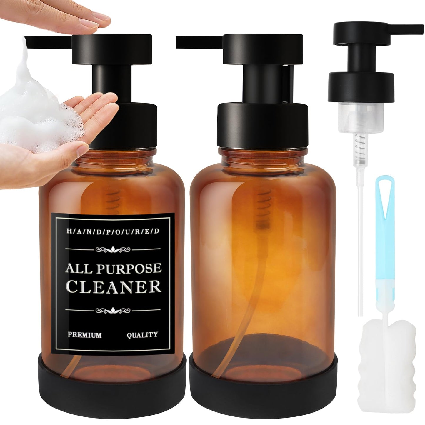 Maxumille Foaming Soap Dispenser, 400ml Amber Glass Foam Dispenser with Replaceable Pump Head, 2 Pack Hand Soap Dispenser for Bathroom & Kitchen,
