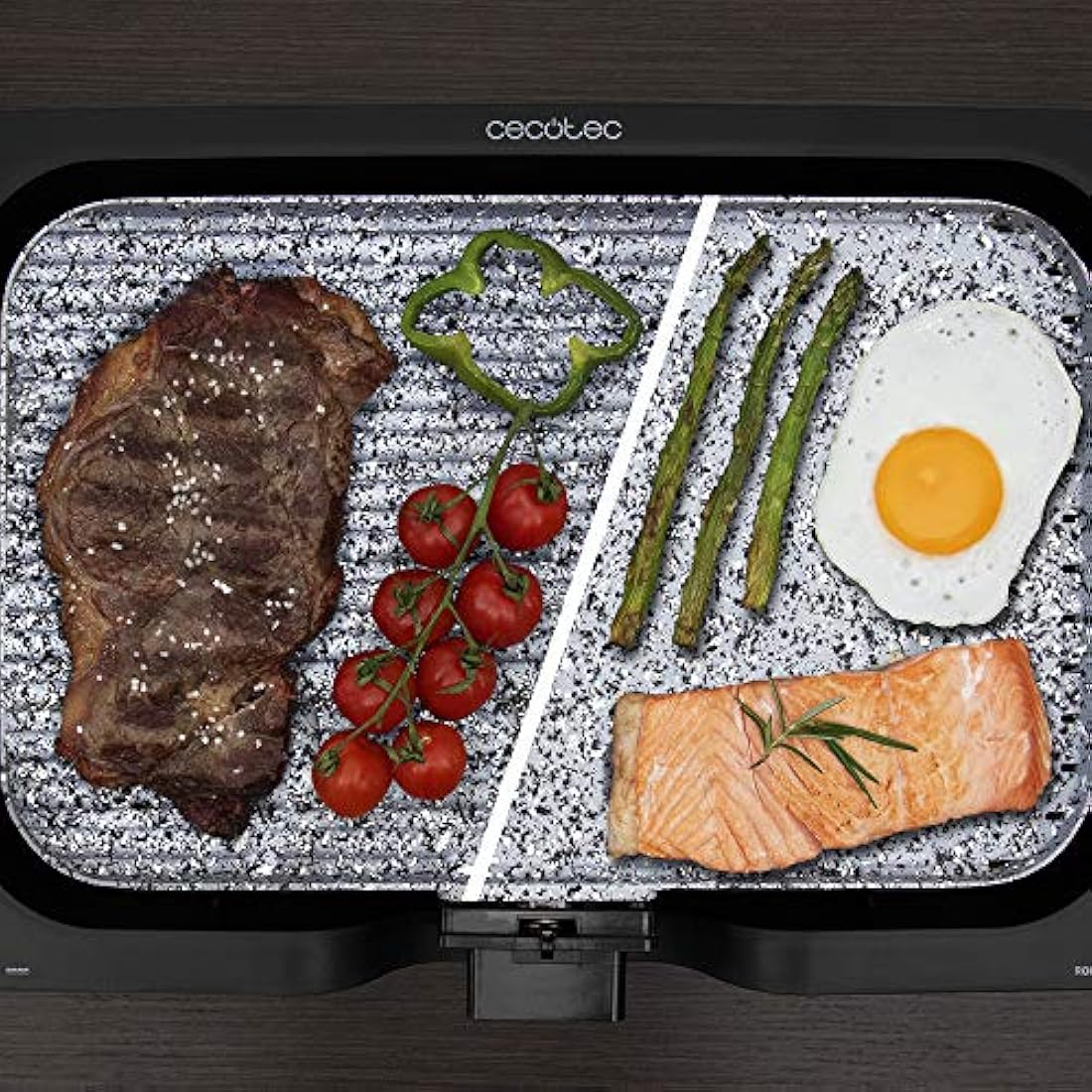 Cecotec 03004 Fer électrique Rock and Water 3000 Twin. 2200W, 2-in-1 Electric Griddle and Grill, Rockstone Coated, Dishwasher Safe, Cool Touch Handle, Stone Cladding, Grey/Black