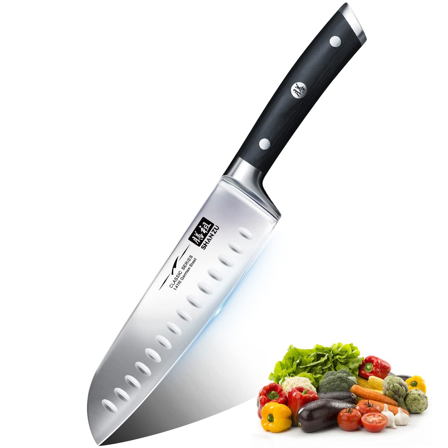 SHAN ZU Kitchen Knife, Japanese Santoku Knife 18 cm Professional Chef Knives Ultra Sharp Carving Knife High Carbon German Stainless Steel Utility