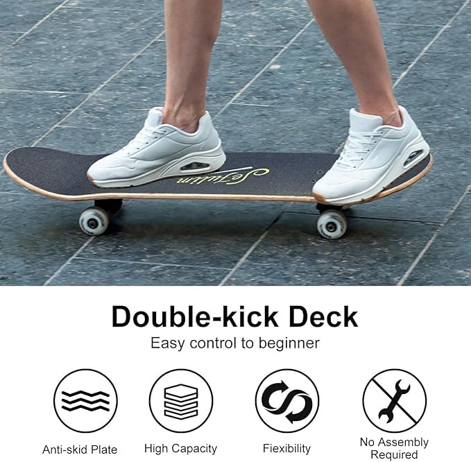 Sefulim 31 x 8 Inch Complete Skateboard 7 Layer Canadian Maple Double Kick Deck Concave Cruiser Trick Skateboard for Boys Girls Teens Adults Beginner