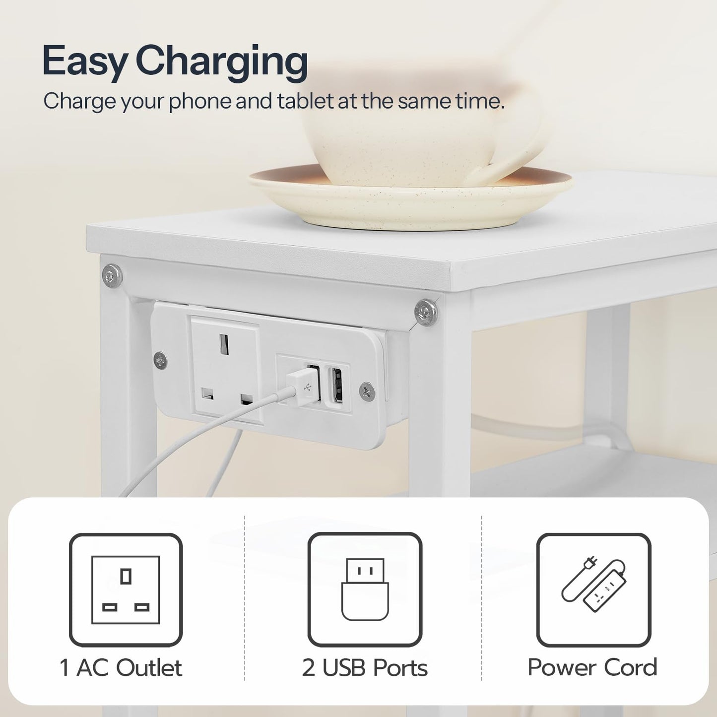 HOOBRO Narrow Side Table, Slim Bedside Table with Charging Station for Small Space, USB Ports and Power Outlet, 40 x 20 x 60 cm, for Living Room