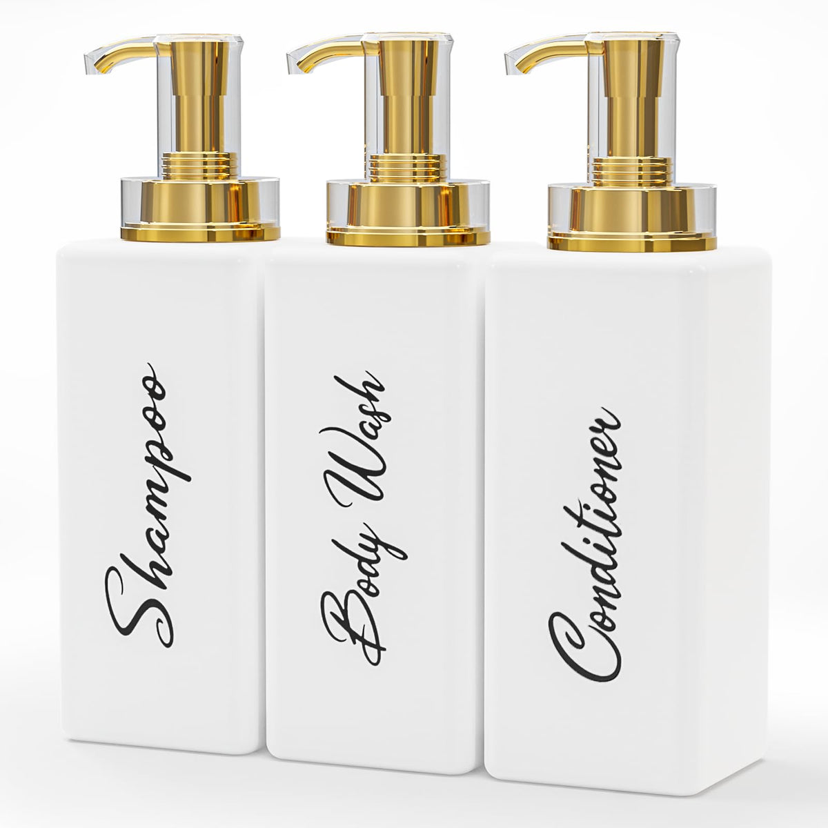 Akalin Refillable Shampoo and Conditioner Bottles, 16oz White and Gold Soap Dispenser Bathroom, Shampoo and Conditioner Dispenser for Bathroom Lotion