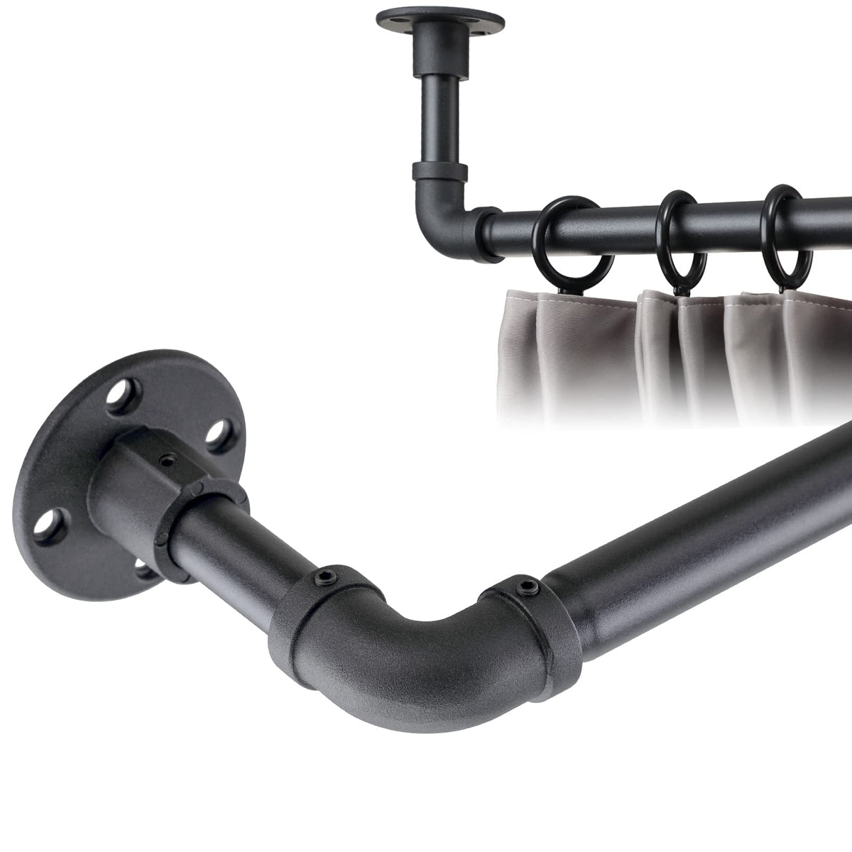 Harrms Industrial Curtain Poles Extendable, Matte Black Curtain Pole 81-180cm, Heavy Duty Room Darkening Window Curtain Rod Ceiling Wall Mount for