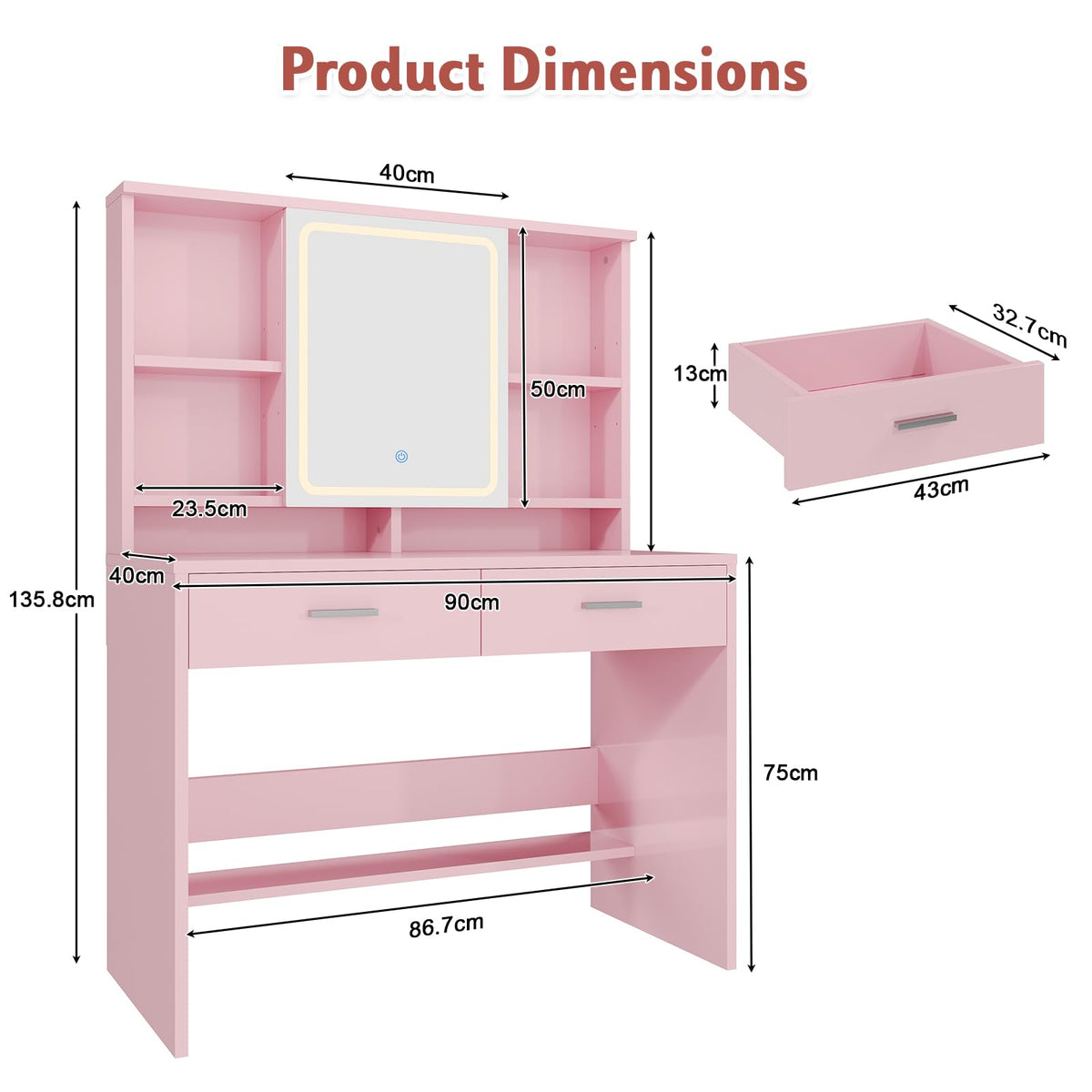 JUMMICO Dressing Table with LED Lighting,Vanity Table with Mirror and Jewelry Hooks,3 Colors Adjustable Brightness,Makeup Desk with 2 Drawers and 4