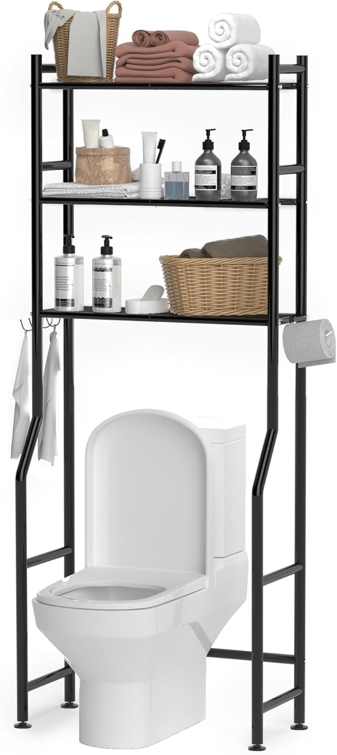 GloTika 3-Tier Over The Toilet Storage, Space Saver Metal Bathroom Shelves, Freestanding Above Over Toilet Storage Shelf with 4 Hooks for Bathroom,