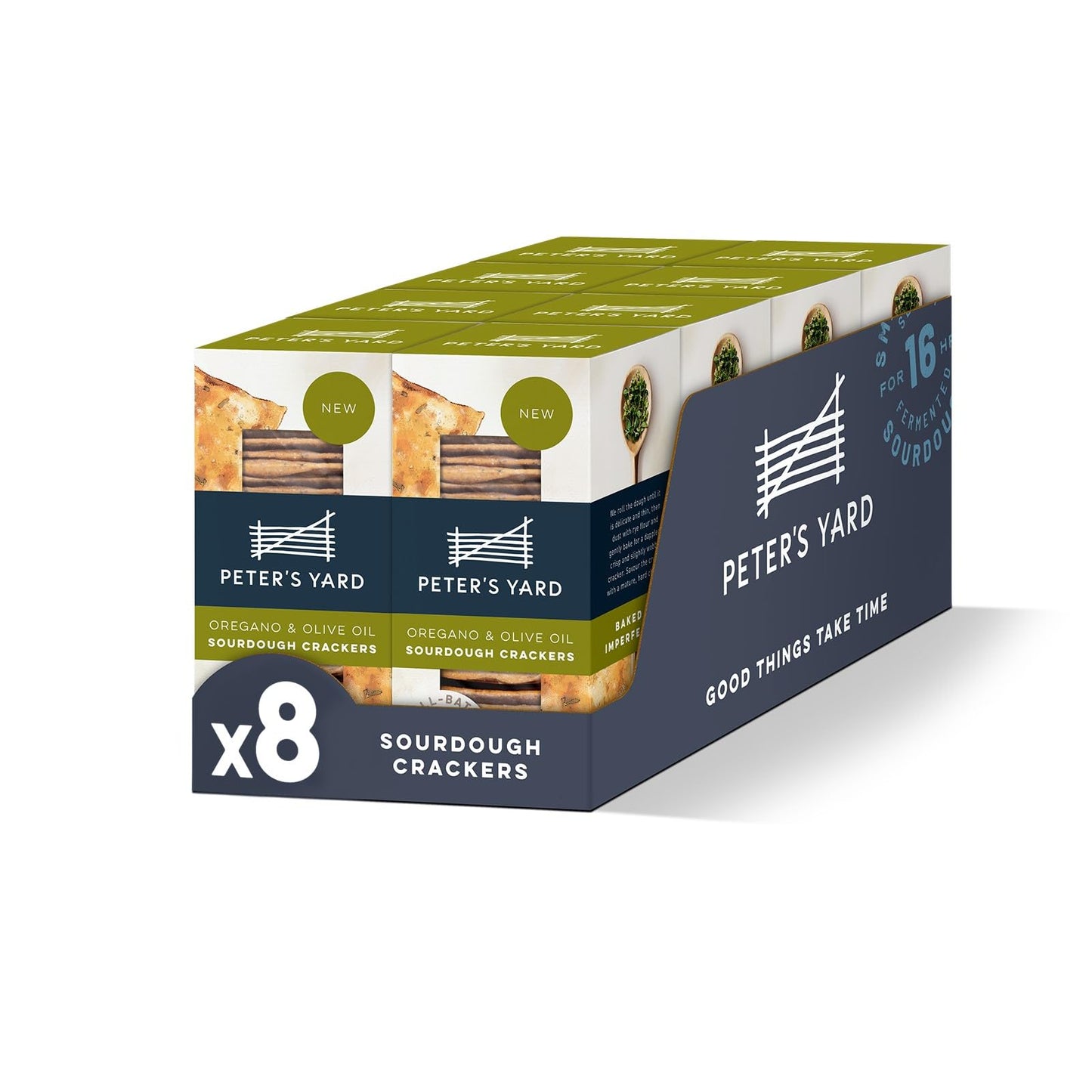 Peter's Yard Sourdough Crackers, Oregano and Olive Oil, Great with Chutney and Cheese, High Fibre, Natural Ingredients, Low Sugar, Pack of 8 x 90g