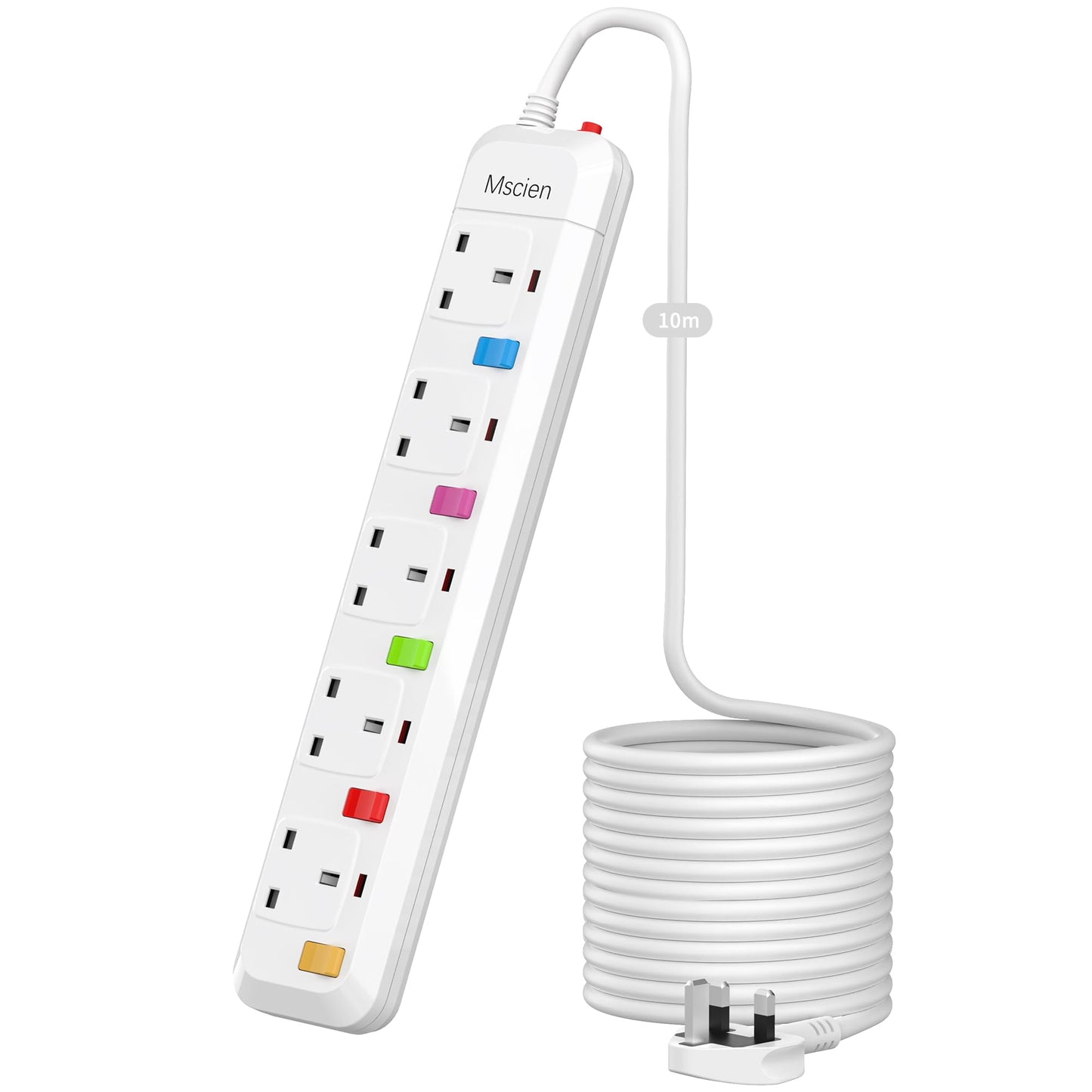Mscien Long Extension Lead 10M with Switches, 5 Way Overload Protected Extension Cable, UK Power Strip Wall Mountable with 10 Metre Extension Cord, 5