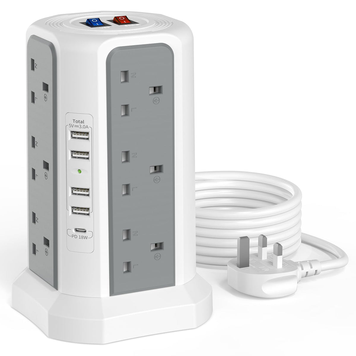 Tower Extension Lead with USB Slots and 18W USB C Fast Charger, (13A 3250W) 5 USB Ports and 12 Way Extension Tower, Surge Protected Extension Cable