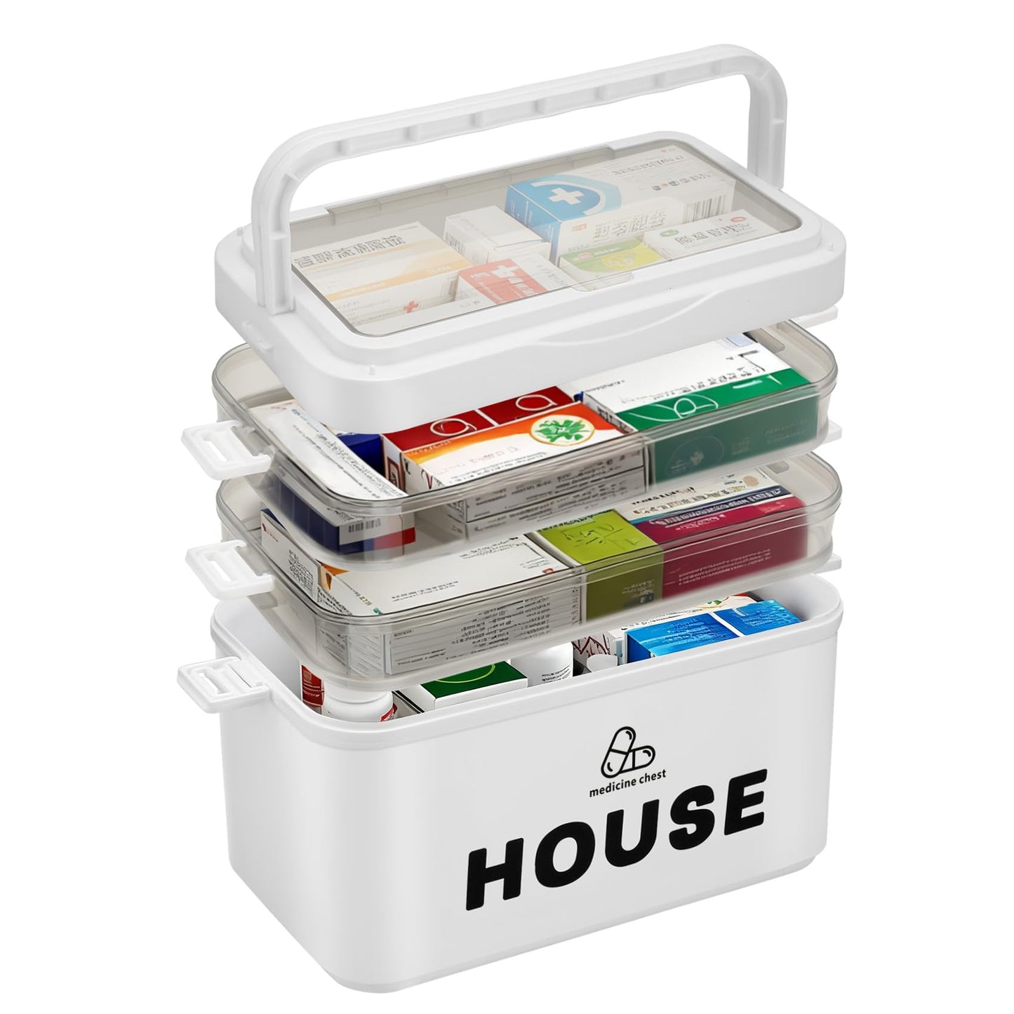 Clickinline Medicine Storage Box,Large 4-Layer Boxes,Portable Medicine Boxes with Lid,Multi-Grid Household Medical Organiser Container for Home