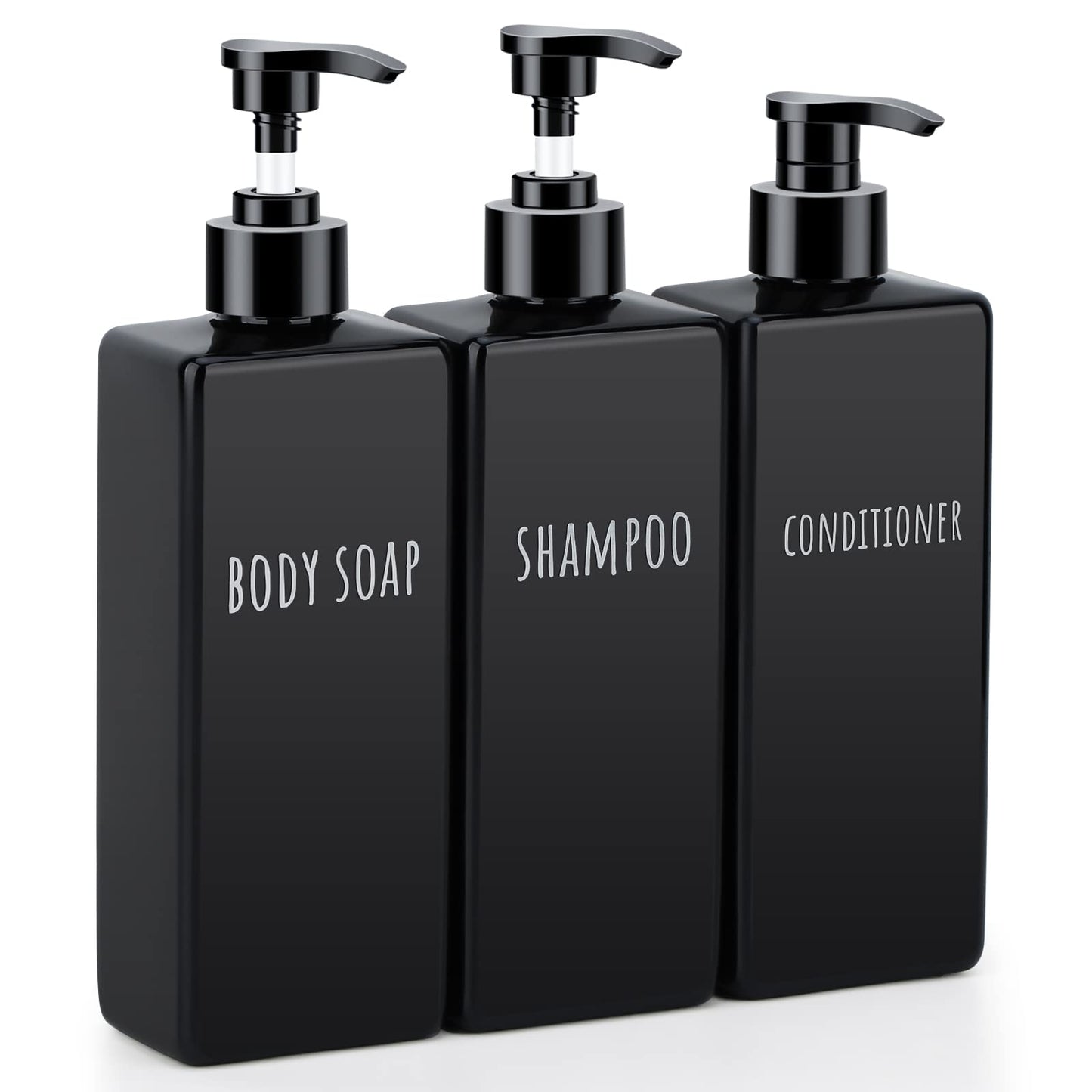 Segbeauty Square Soap Dispenser Black, 3pcs 16.9oz Refillable Shampoo and Conditioner Bottles, 500ml Empty Reusable Plastic Pump Bottle Bathroom