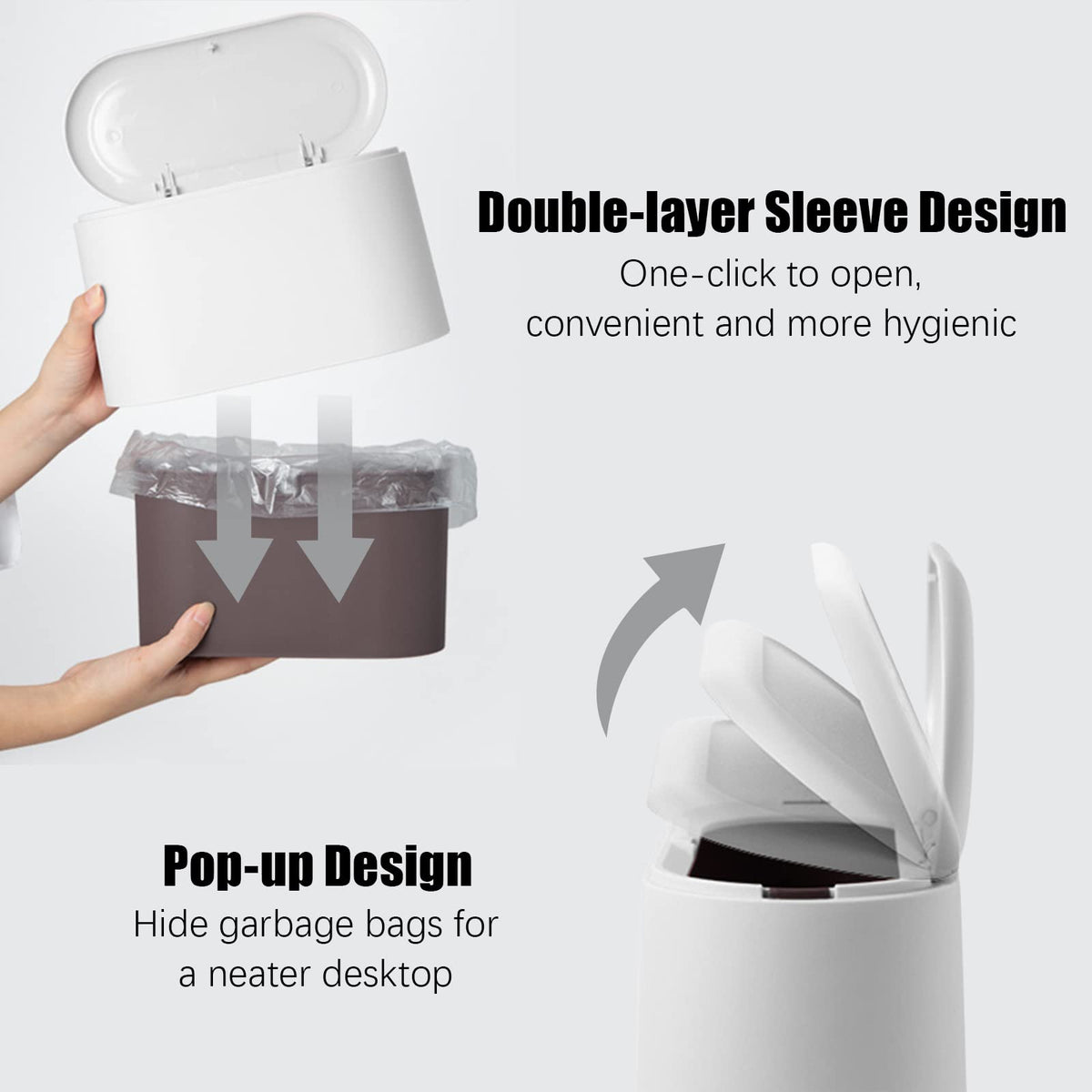 SHAIDOJIO Small Bin, Small Bathroom Bin with Lid and 90PCS Trash Bags, Removable Desk Plastic Mini Office Bins, Pop Up Mini Dustbin