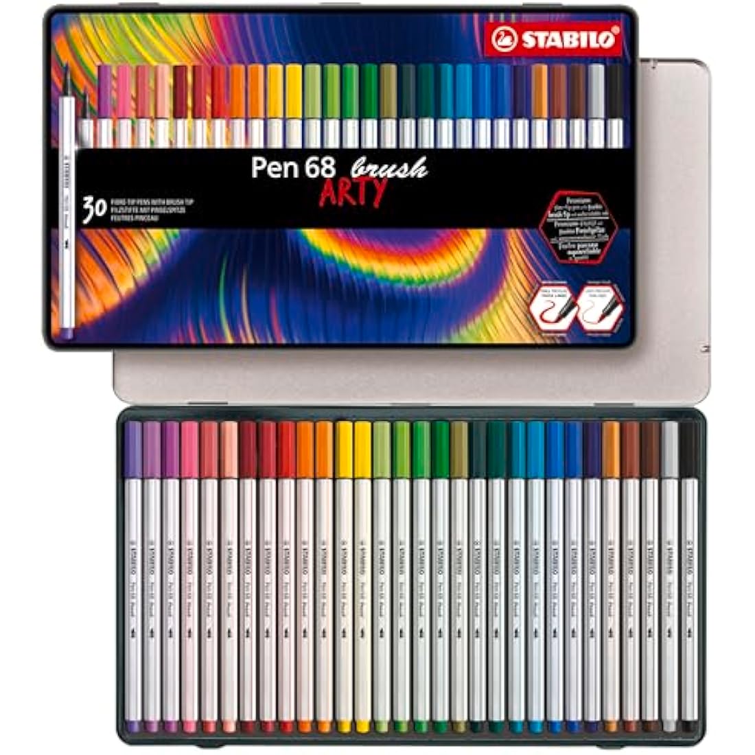 STABILO Pen 68 brush - Premium Fibre-Tip Pen with Brush Tip - ARTY - Tin of 30 - Assorted Colours