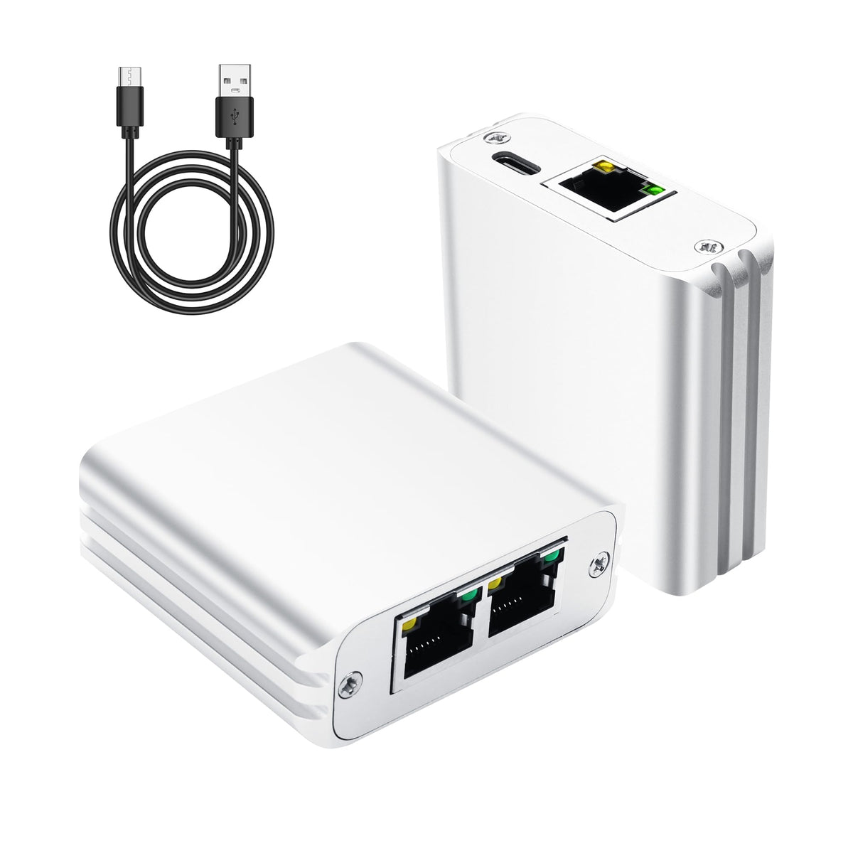 GINTOOYUN Silvery RJ45 Ethernet Splitter 1 to 2 Out 1000Mbps High Speed Gigabit Switch Network Splitter Internet Distributor with USB Power Cable for