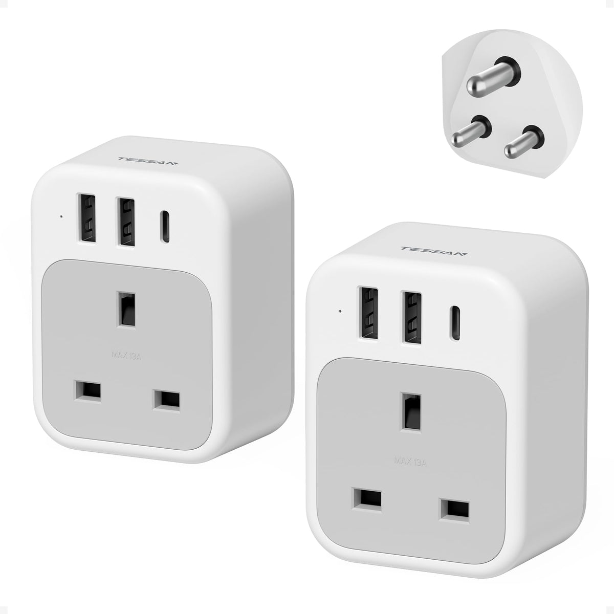 UK to India Plug Adapter, TESSAN India Travel Adapter with USB C and 2 USB A, 4 in 1 Type D Travel Adaptor for Indian, Sri Lanka, Maldives, Nepal,