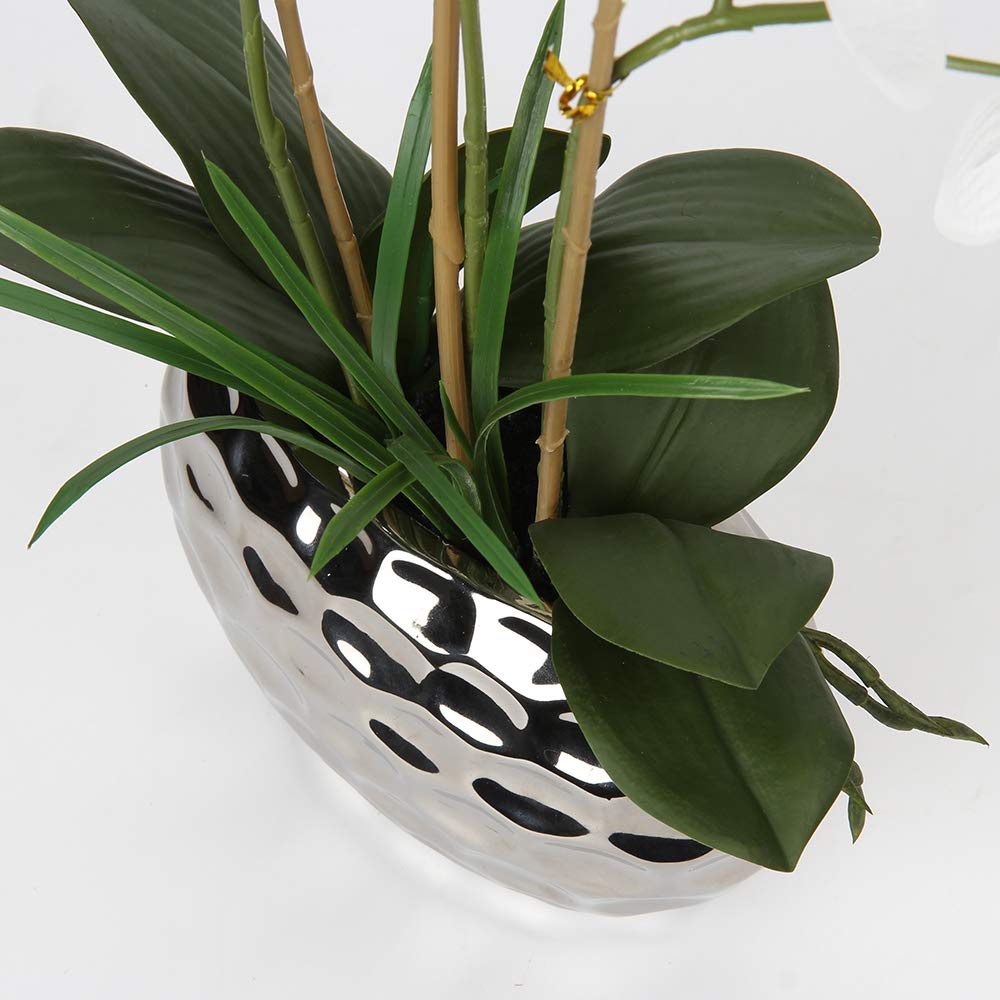 Briful 17" Artificial Orchid Phalaenopsis Flowers Decorative Orchid Bonsai Fake Flowers Real Touch Orchid Artificial Flowers with Silver Ceramic Pot