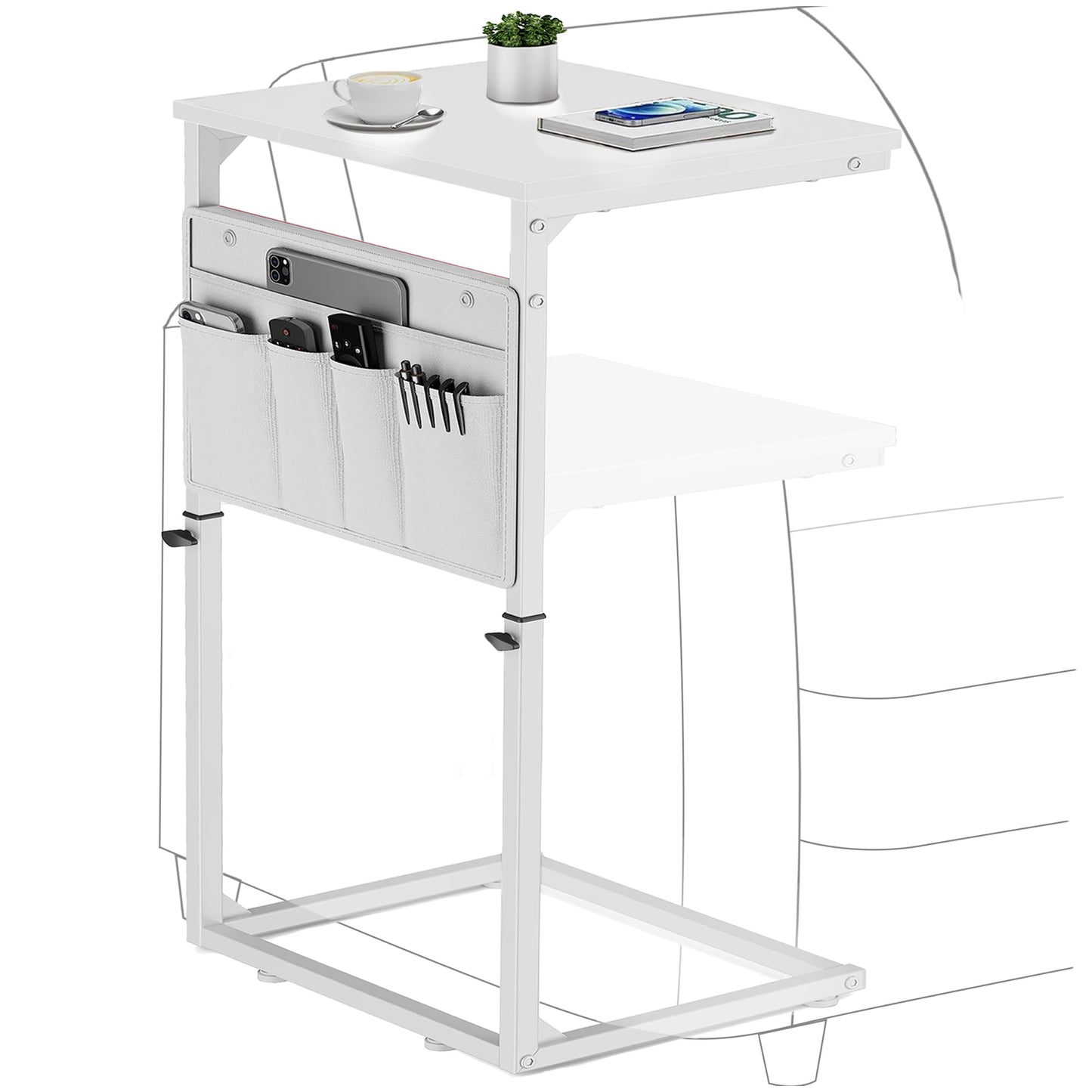 Vagusicc C-Shaped Side Table, Height Adjustable Sofa Side Table, Bedside Table with Cloth Storage Bag, C Table, End Table for Small Spaces