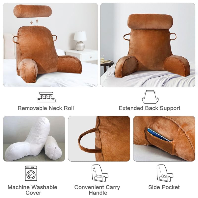 Mingfuxin Reading Pillows for Bed Sofa, Bed Backrest Pillows with Neck Arm Back Support Pillow, Adult Back Reading Cushion with Detachable Neck Roll &