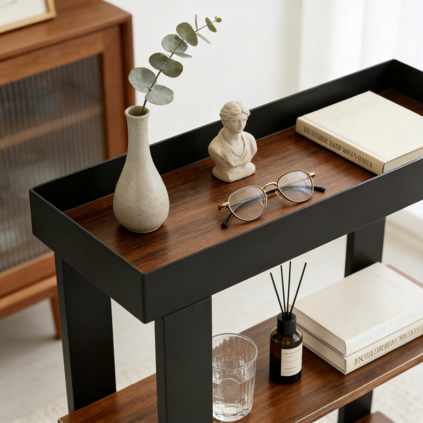ZEXVIDA 3-Tier Narrow Side Table with Tray Top,Slim Side Table,Rustic Brown